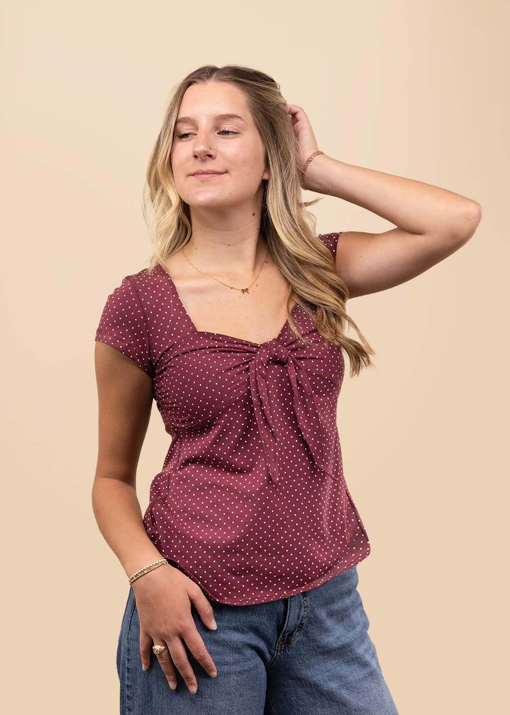 Collegiate Outfitters Polka Dot Tie Blouse - Maroon