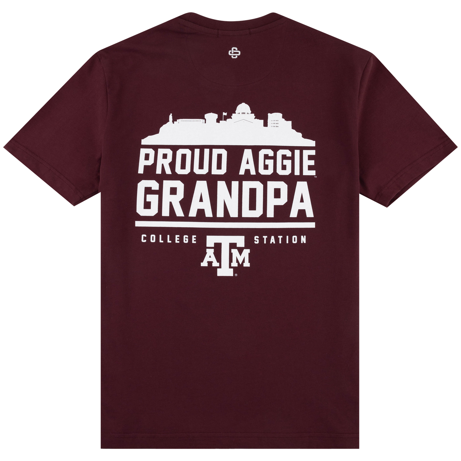 Back view of a maroon Collegiate Outfitters T-shirt featuring a white Texas A&M skyline graphic, bold “PROUD AGGIE GRANDPA” lettering, “COLLEGE STATION” text, and the Texas A&M logo.
