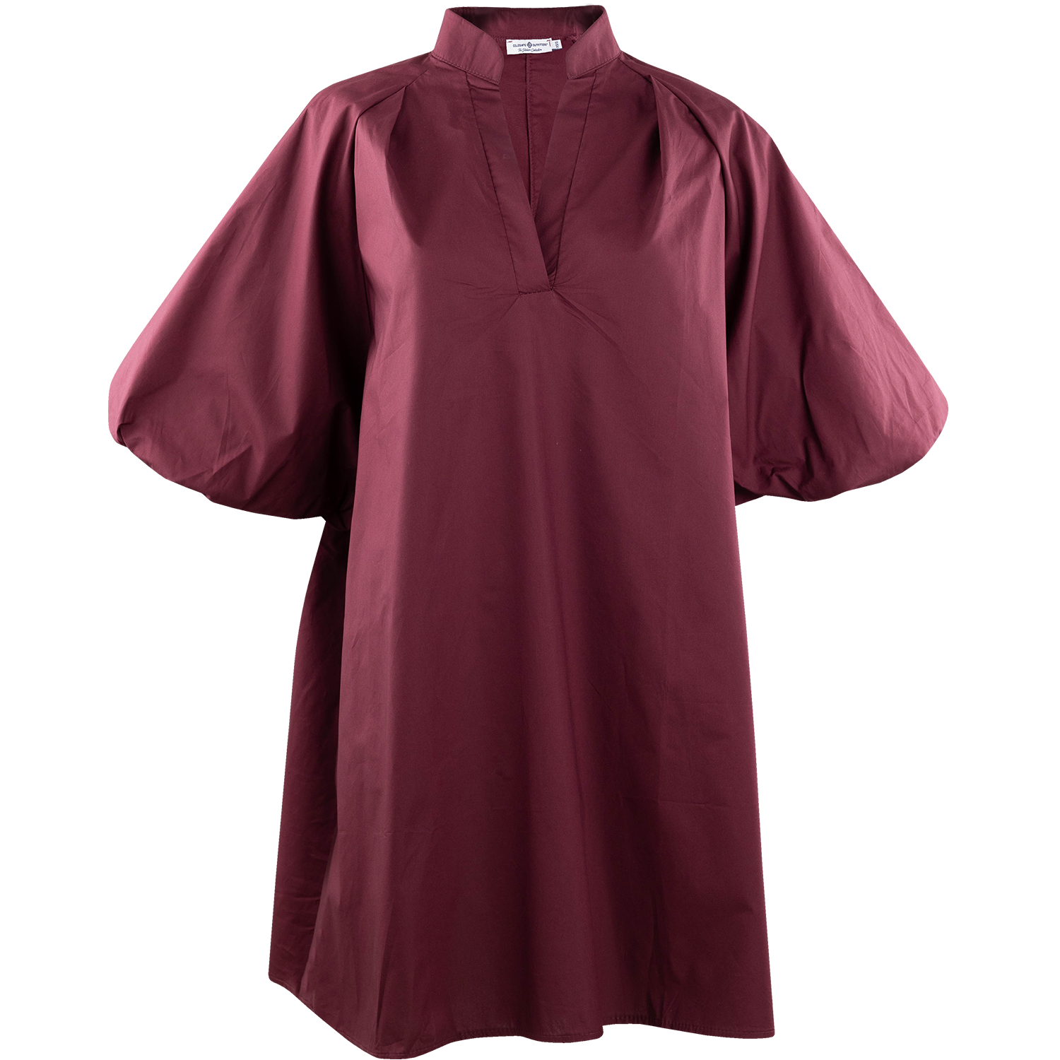 Maroon long-sleeve dress featuring a high stand collar, V-neckline, gathered waist detail, and voluminous balloon sleeves with elastic cuffs.