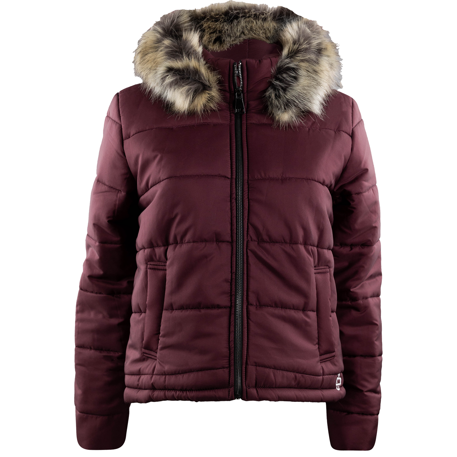 Maroon quilted puffer jacket featuring a full-zip front, a large faux-fur-trimmed hood, long sleeves, and two front pockets.