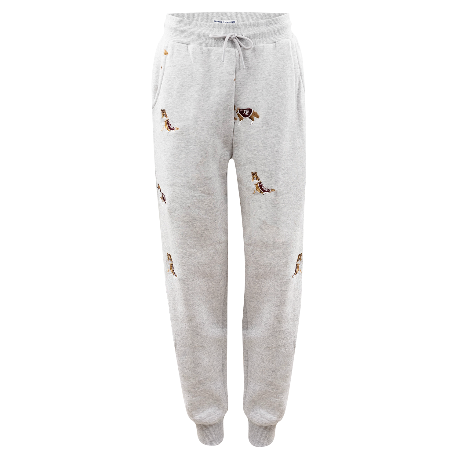 Light gray Texas A&M sweatpants featuring an allover embroidered Reveille pattern, an elastic waistband with an adjustable drawstring, side pockets, and ribbed ankle cuffs.