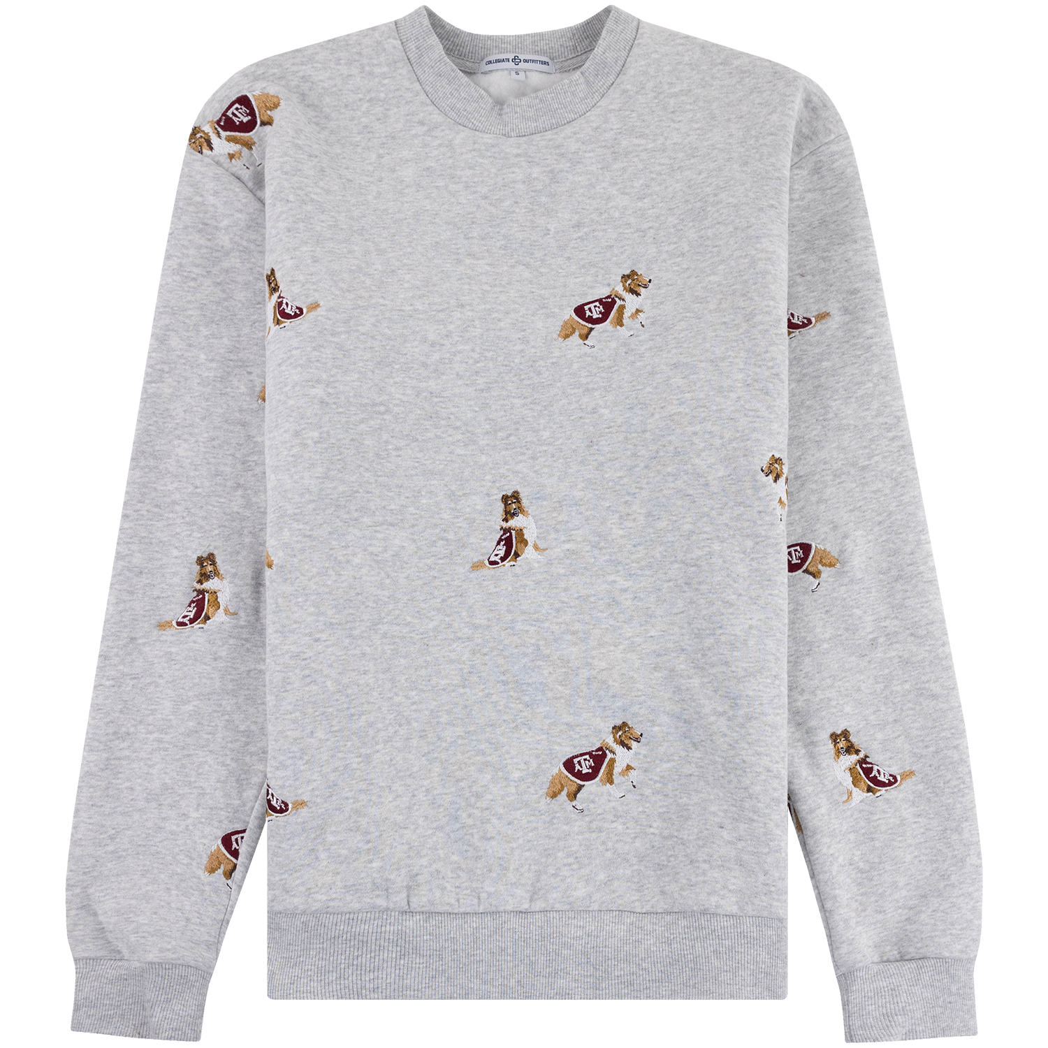 Heather gray Texas A&M crewneck sweatshirt featuring an allover embroidered Reveille mascot pattern wearing maroon Texas A&M jerseys.