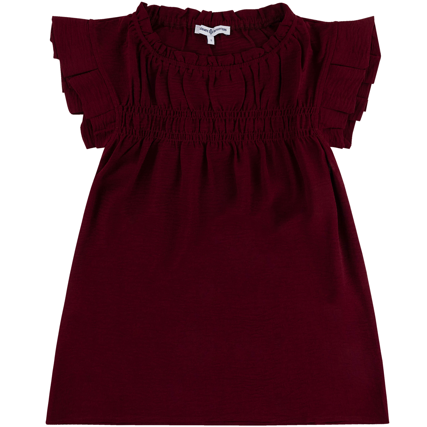 Maroon round-neck blouse by Collegiate Outfitters featuring layered ruffle cap sleeves, a ruffled neckline, and a smocked, elasticized chest band.   