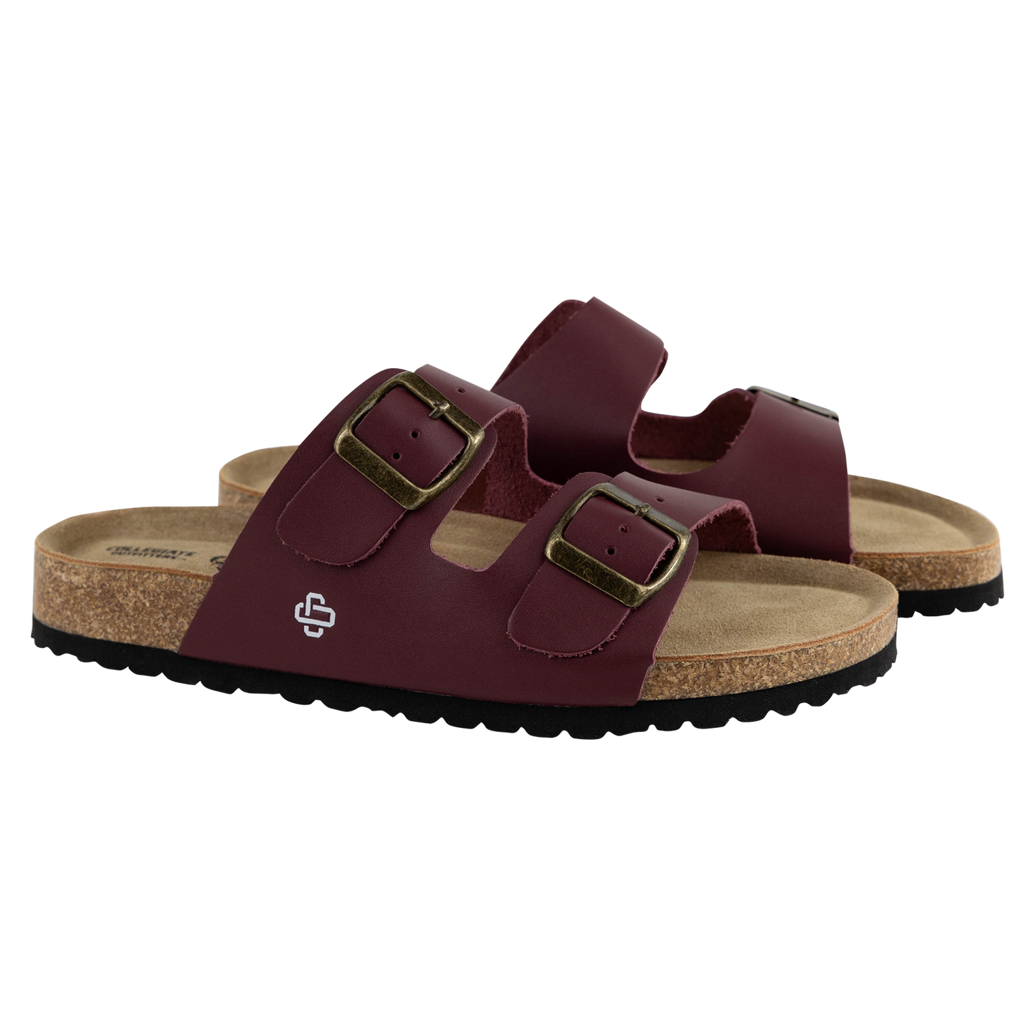 Pair of maroon sandals with brown soles 