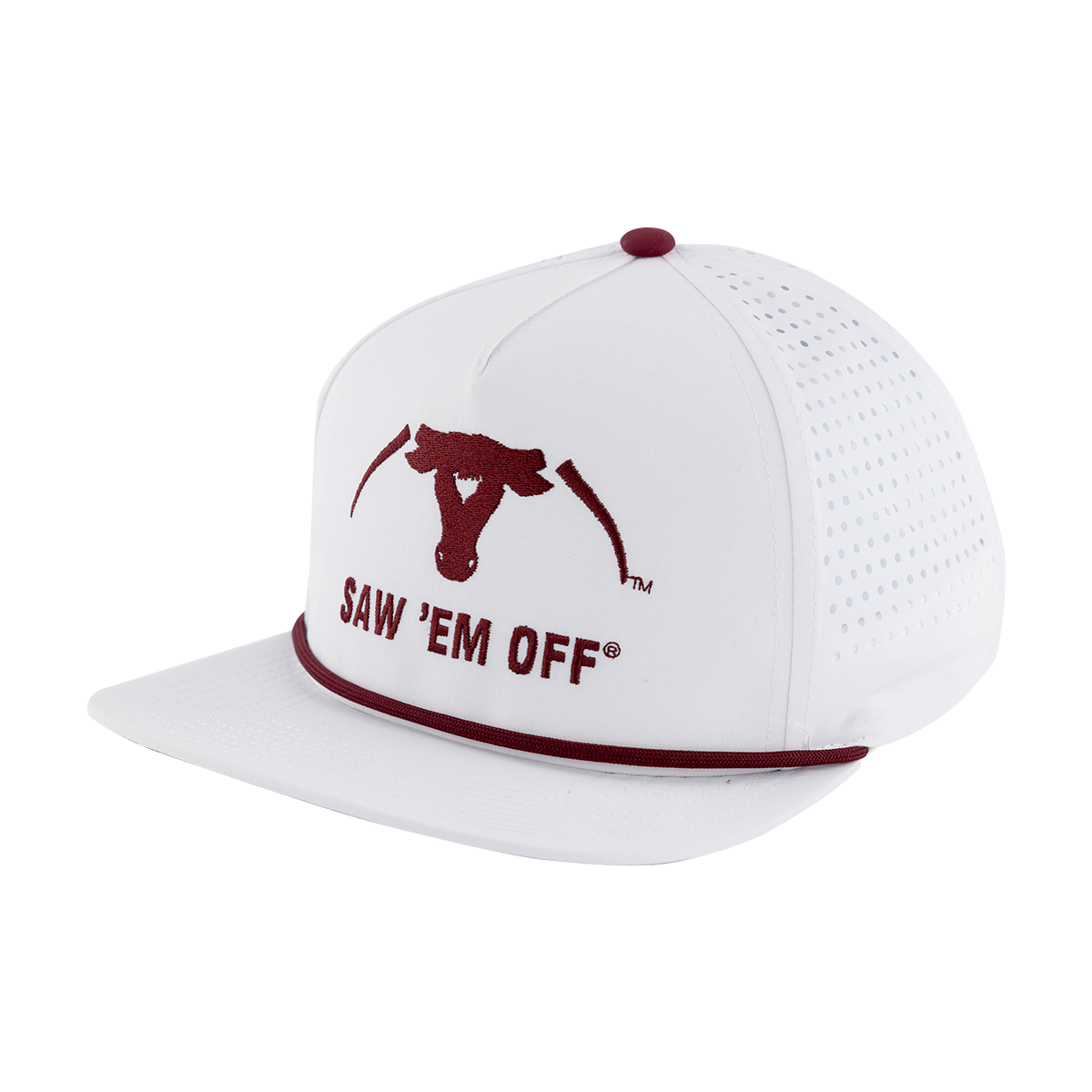 White flat brim hat with maroon rope and maroon Saw 'Em Off logo