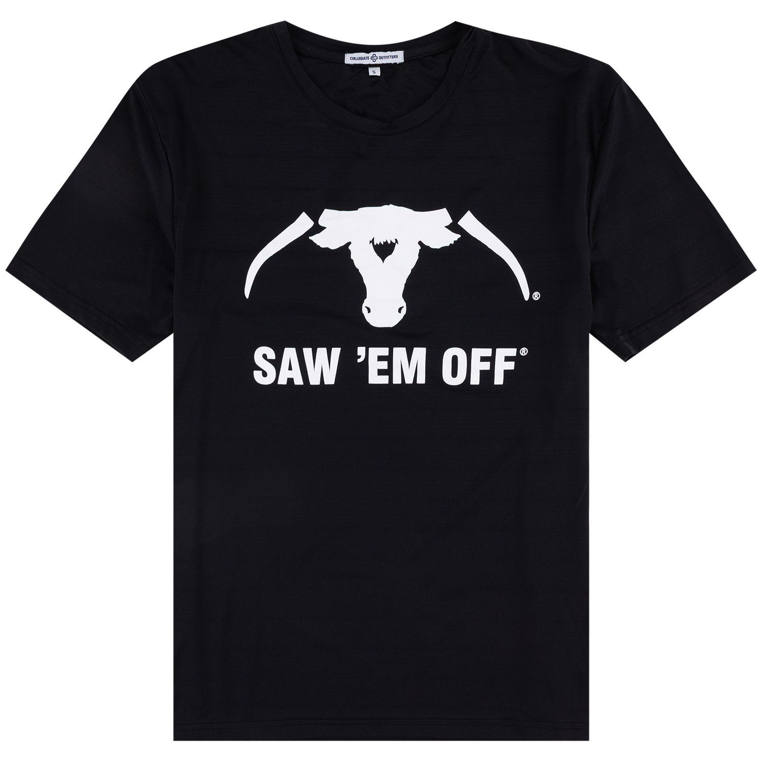 A black short-sleeve crewneck t-shirt featuring a white graphic of a longhorn head and the text 'SAW 'EM OFF*' printed on the chest.