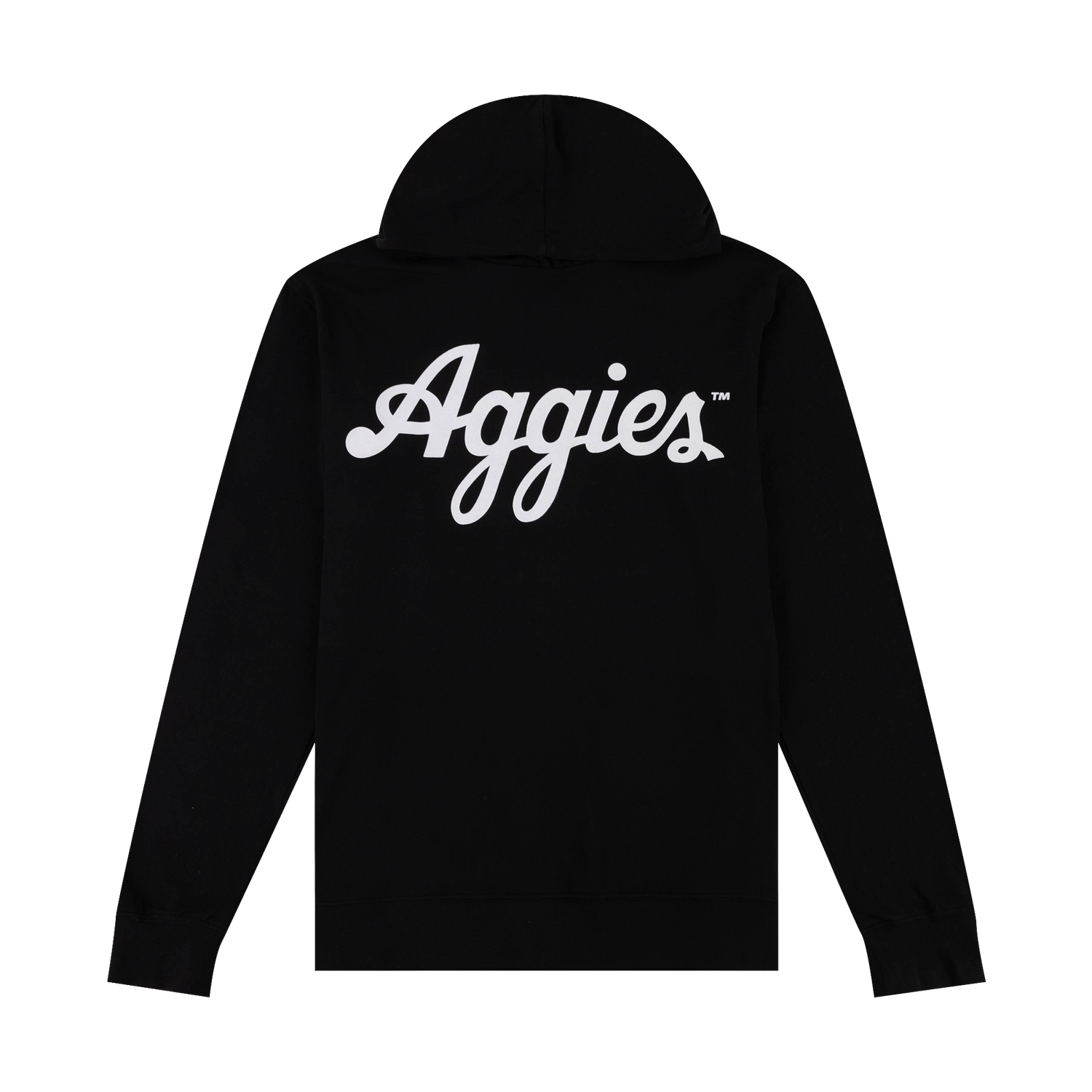 Black t-shirt hoodie with "Aggies" in white script felt