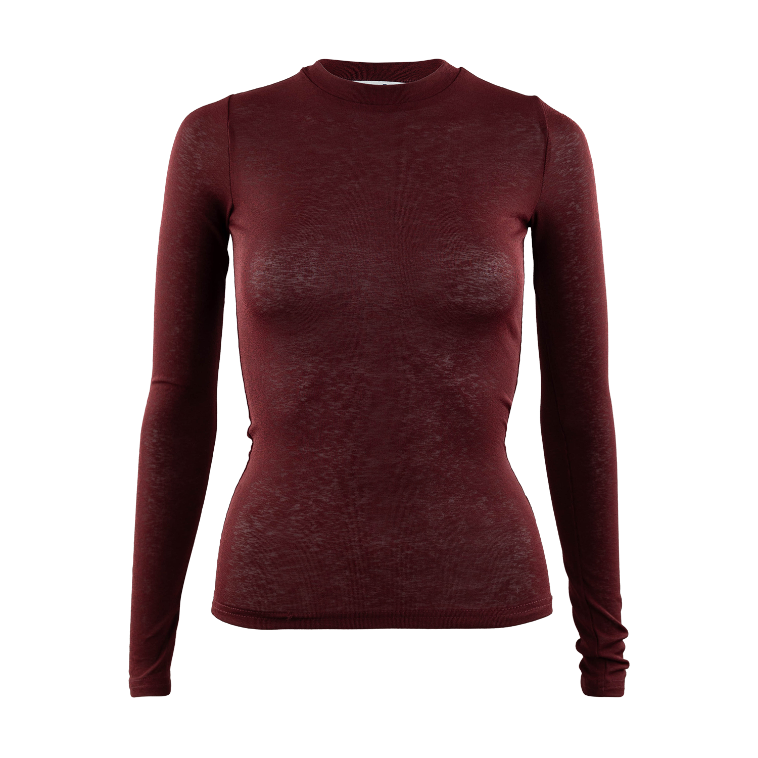 Maroon long-sleeve fitted crewneck top with a semi-sheer, lightweight fabric and a classic ribbed neckline and hem.