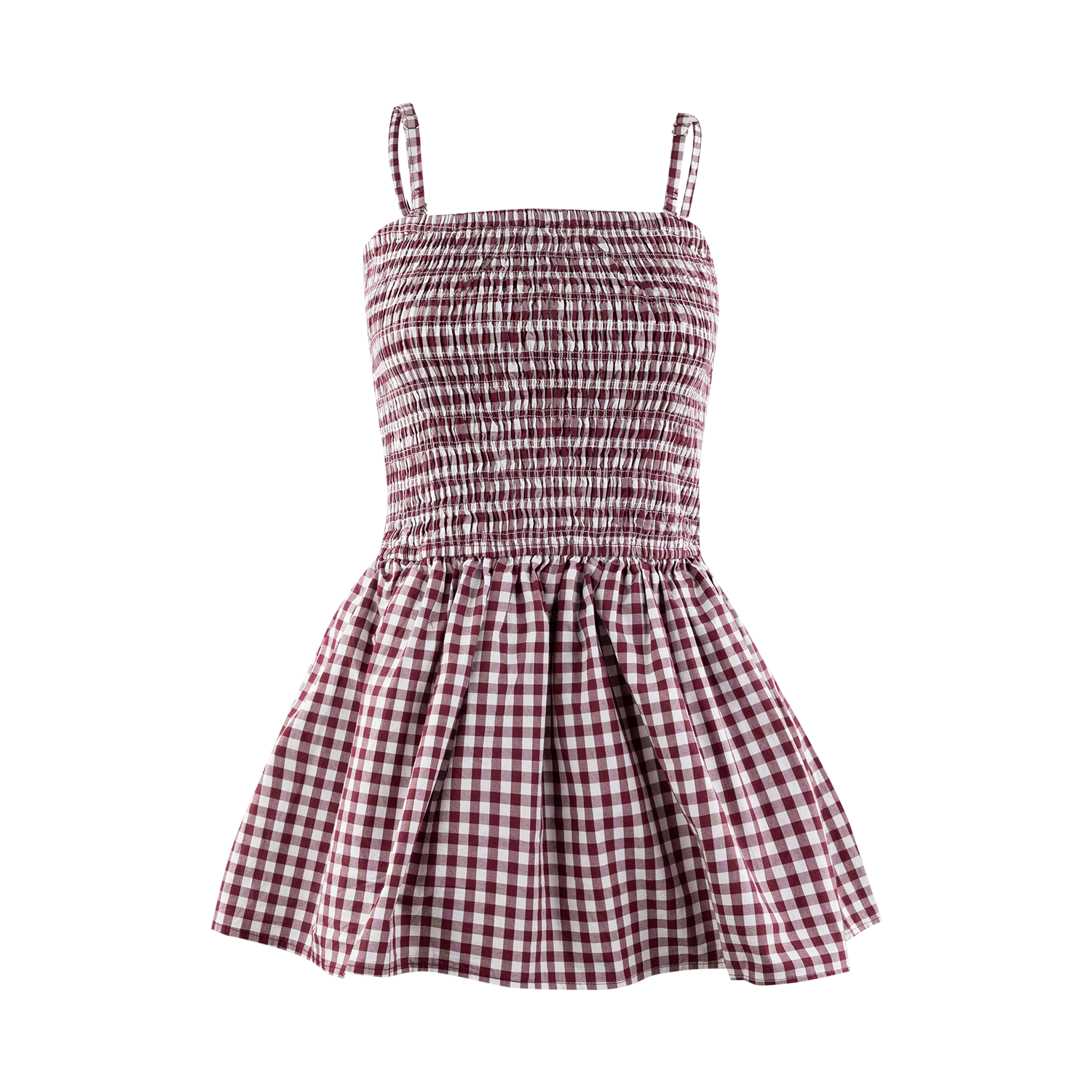 A sleeveless smocked dress with shorts underneath. Designed with a maroon and white gingham check pattern, featuring thin shoulder straps and a flared skirt, shown against a plain white background.