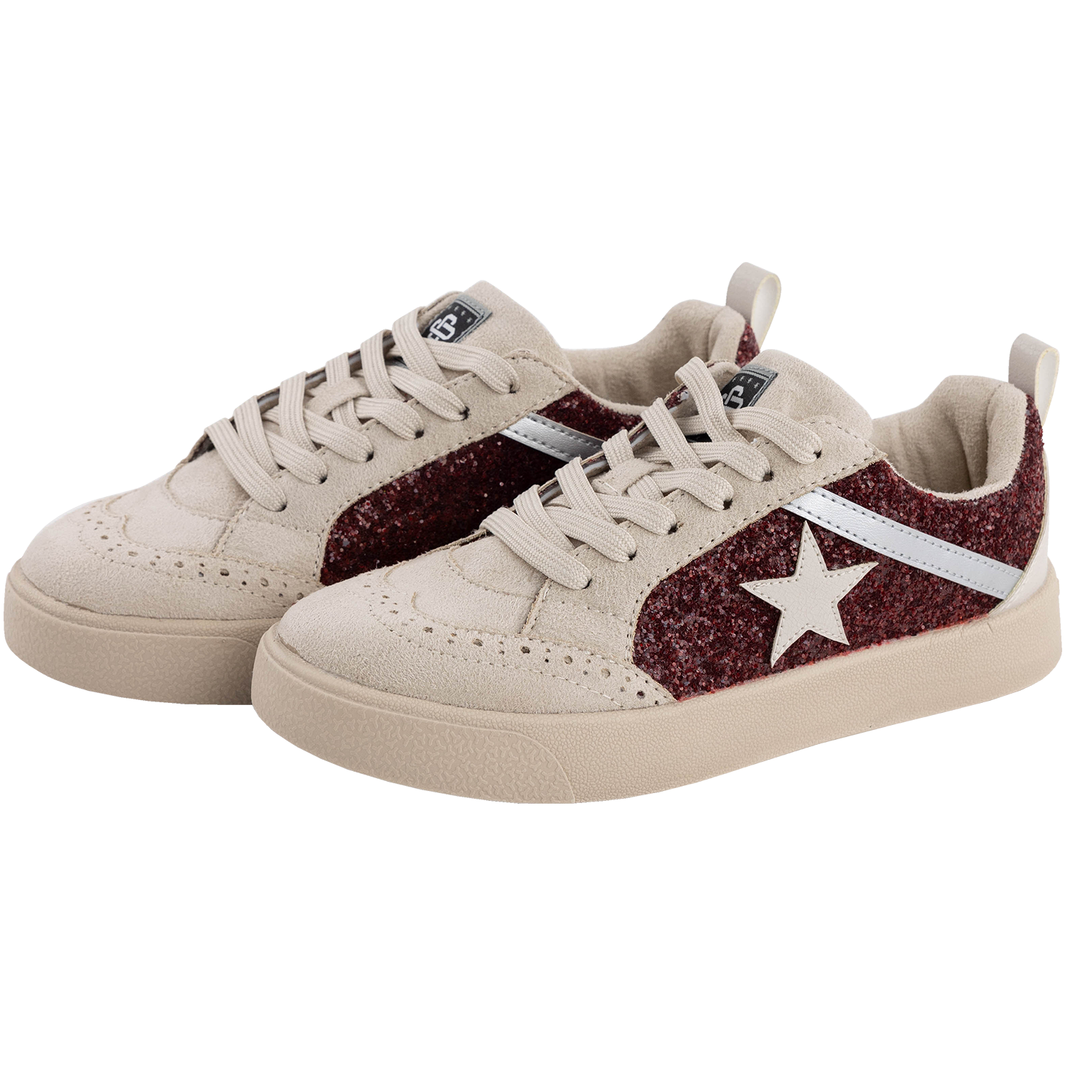 A pair of beige suede sneakers featuring maroon glittery side panels, a white star accent, and a silver stripe.   