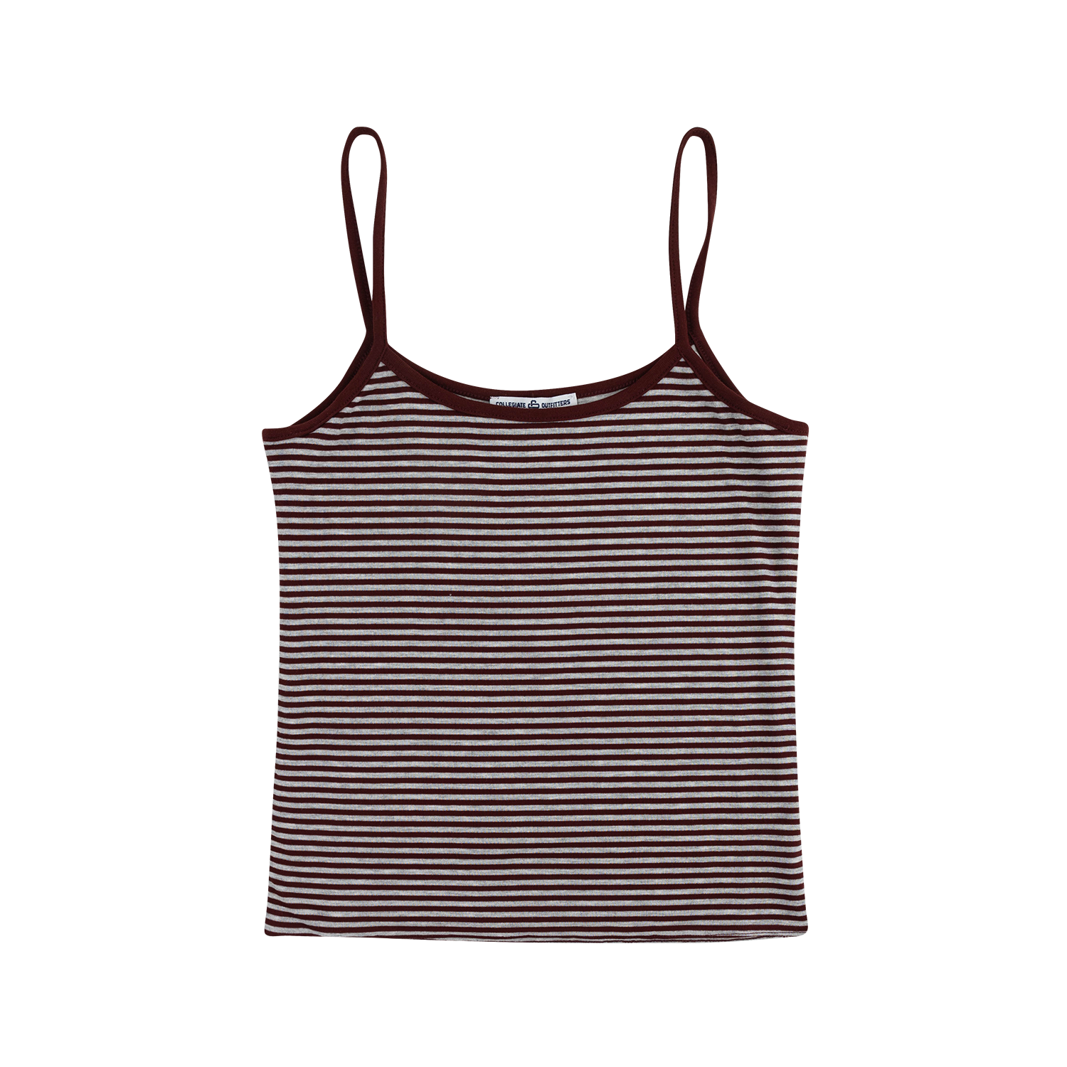 A cropped camisole tank top with thin horizontal stripes in maroon and grey, featuring thin shoulder straps and a scoop neckline.