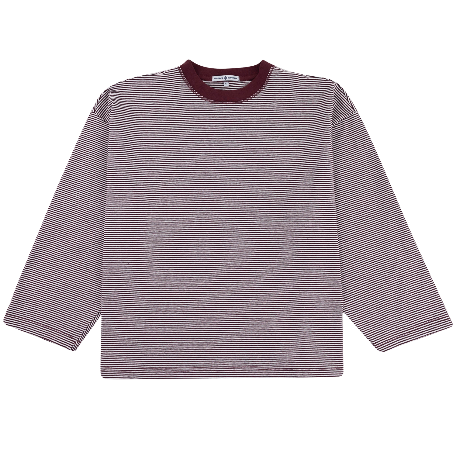 Collegiate Outfitters maroon and white striped bell-sleeve top with a crew neckline and relaxed fit.