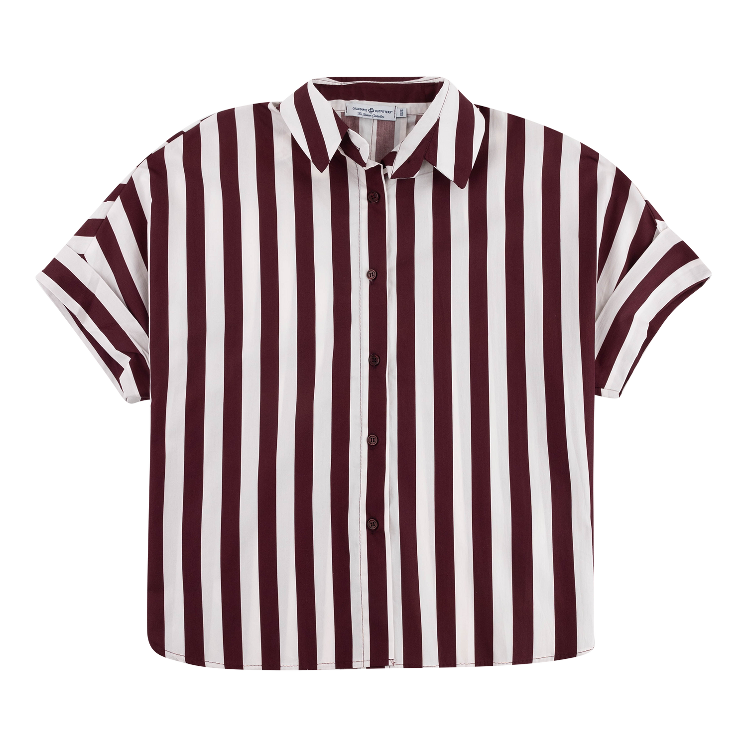 Short-sleeve button-up shirt featuring bold maroon and white vertical stripes with cuffed sleeves on a plain background.