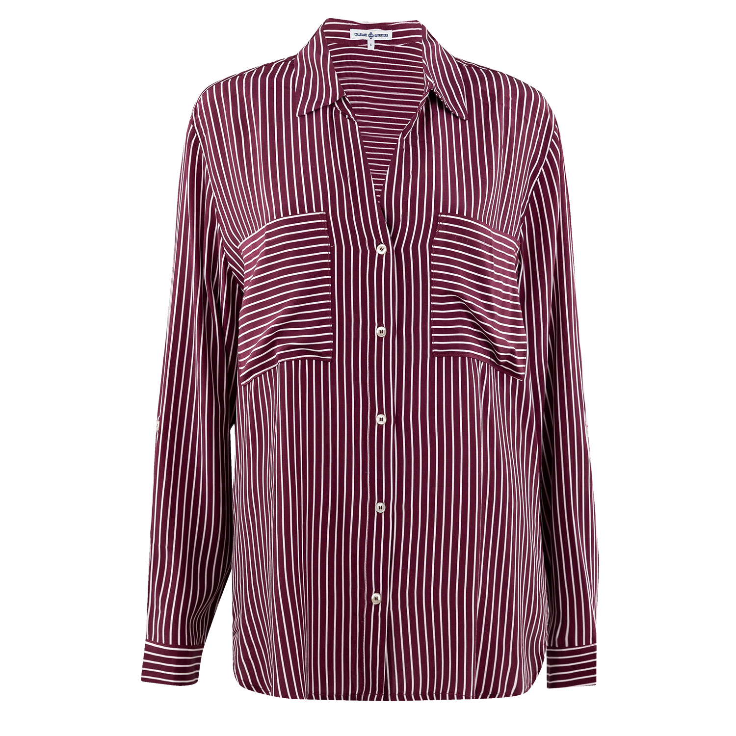 Maroon long-sleeve button-down shirt featuring a white vertical stripe pattern, contrasting horizontal stripe detailing on the chest pockets and inner collar, and white buttons.