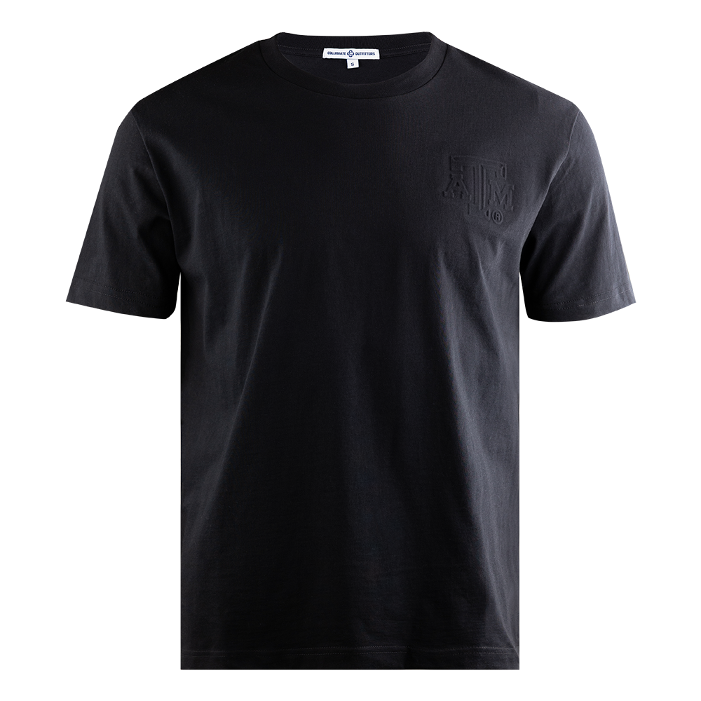 Black T-shirt with the Texas A&M lettering on the upper left chest in puff letters.