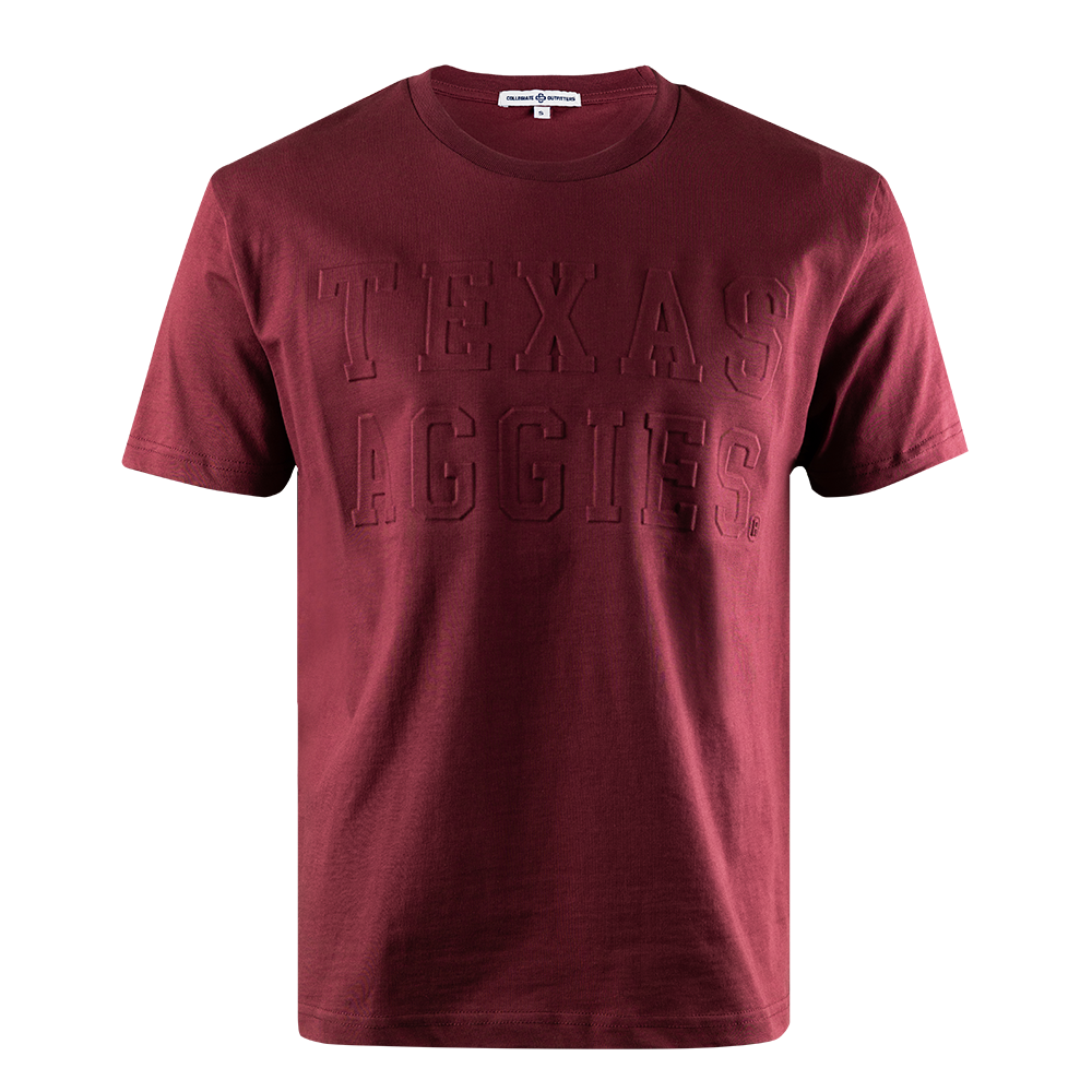 Maroon short sleeve T-Shirt with Texas Aggies in Puff Lettering on the chest.