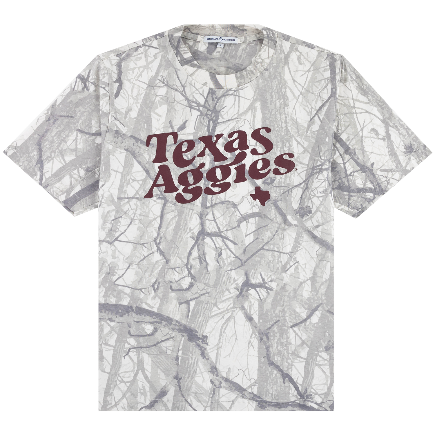 Texas A&M Aggies gray camouflage T-shirt with maroon “Texas Aggies” lettering and a Texas silhouette graphic on the front.