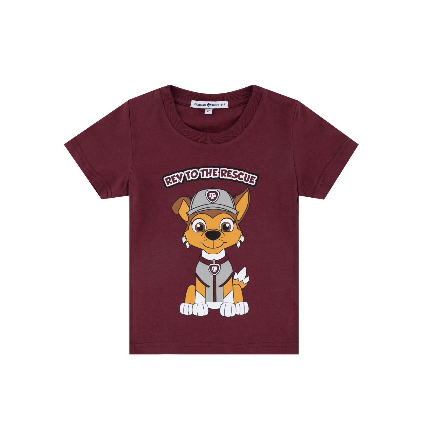 Maroon toddler t-shirt featuring a cartoon dog styled like a Paw Patrol character wearing a Texas A&M gray cap and vest with the ATM logo, with the text "REV TO THE RESCUE" arched above it.   