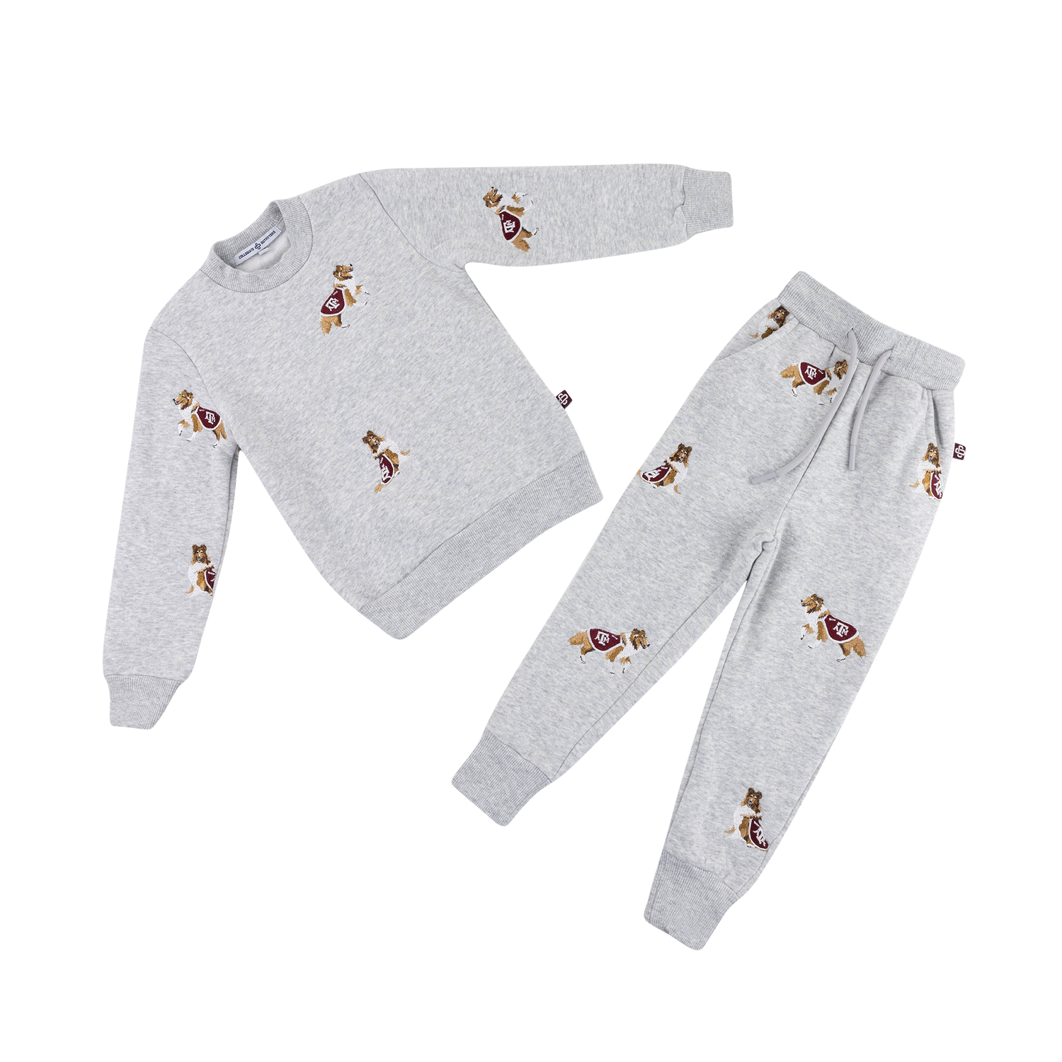 Gray Texas A&M two-piece set featuring a crewneck sweatshirt and matching jogger pants, both decorated with repeating Reveille mascot embroidery wearing maroon Texas A&M jerseys.