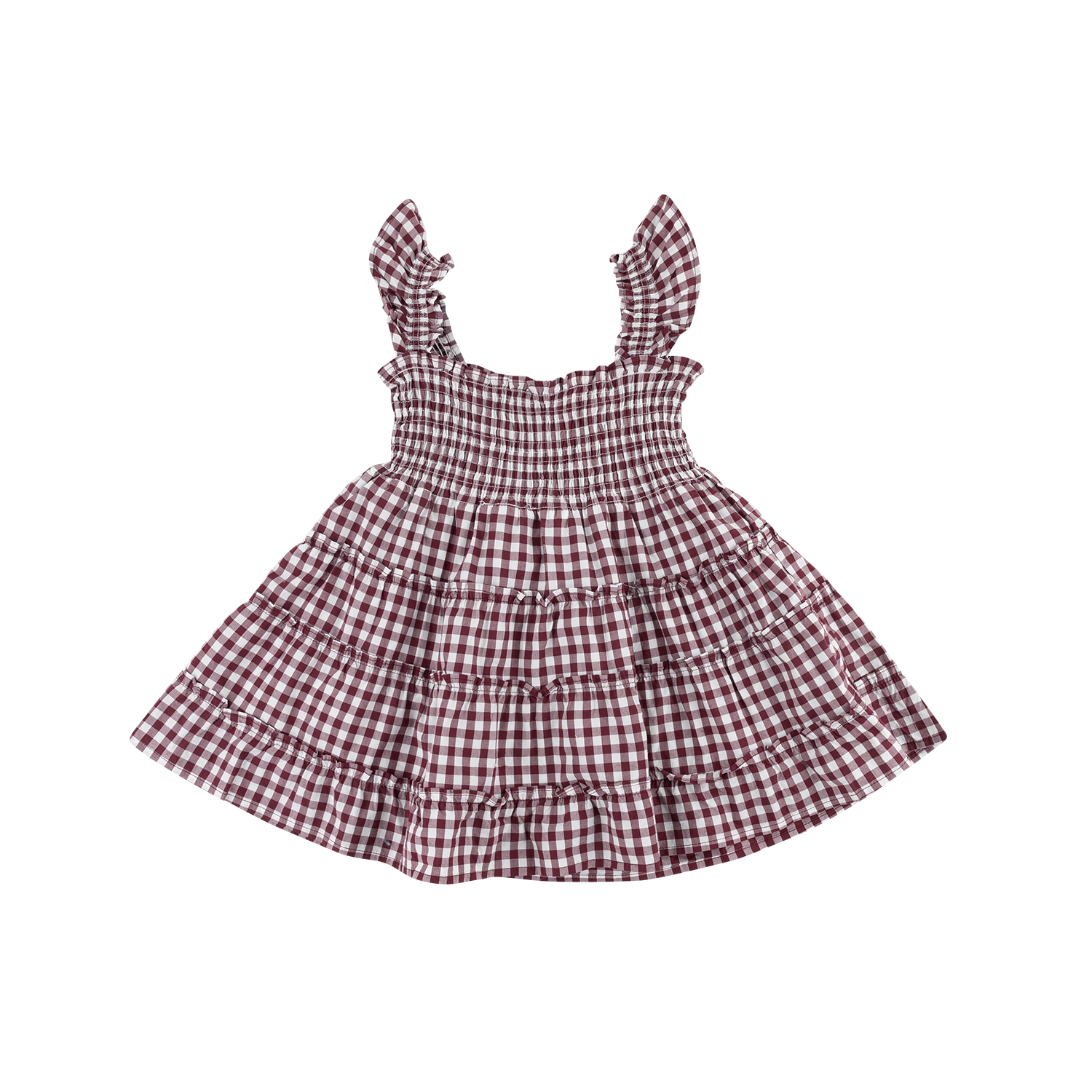A toddler girl's tiered ruffle dress in a maroon and white gingham check pattern, featuring ruffled shoulder straps and a smocked bodice, shown against a plain white background.