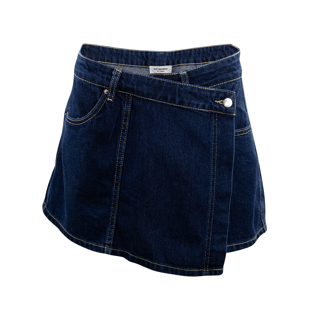 Blue denim skort.