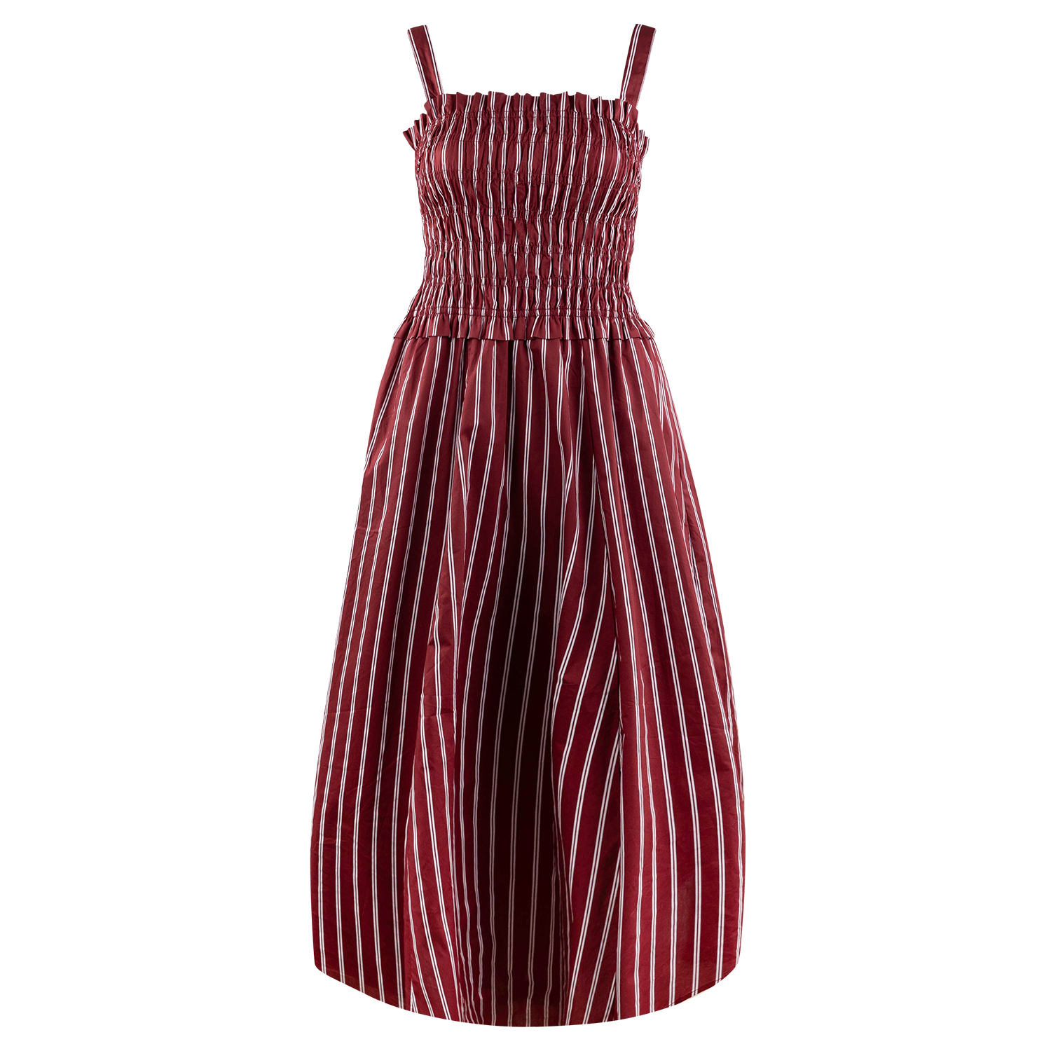 Maroon and white striped midi dress with smocked bodice and thin straps.