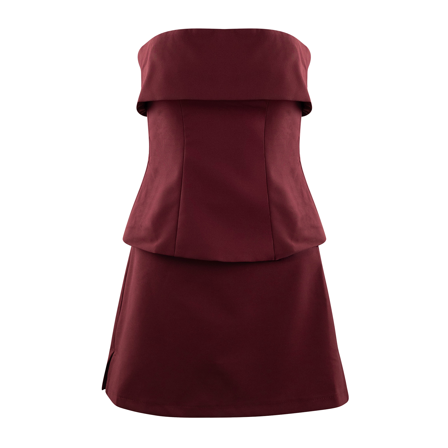 A strapless two piece set in a deep burgundy or maroon color, featuring a layered top and a flared skirt, shown against a plain white background.