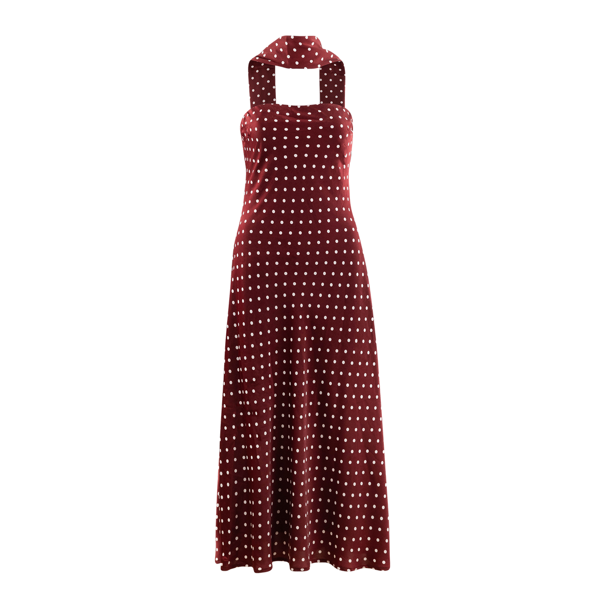 Maroon Texas A&M polka dot halter maxi dress featuring a scarf and flowing floor-length skirt.