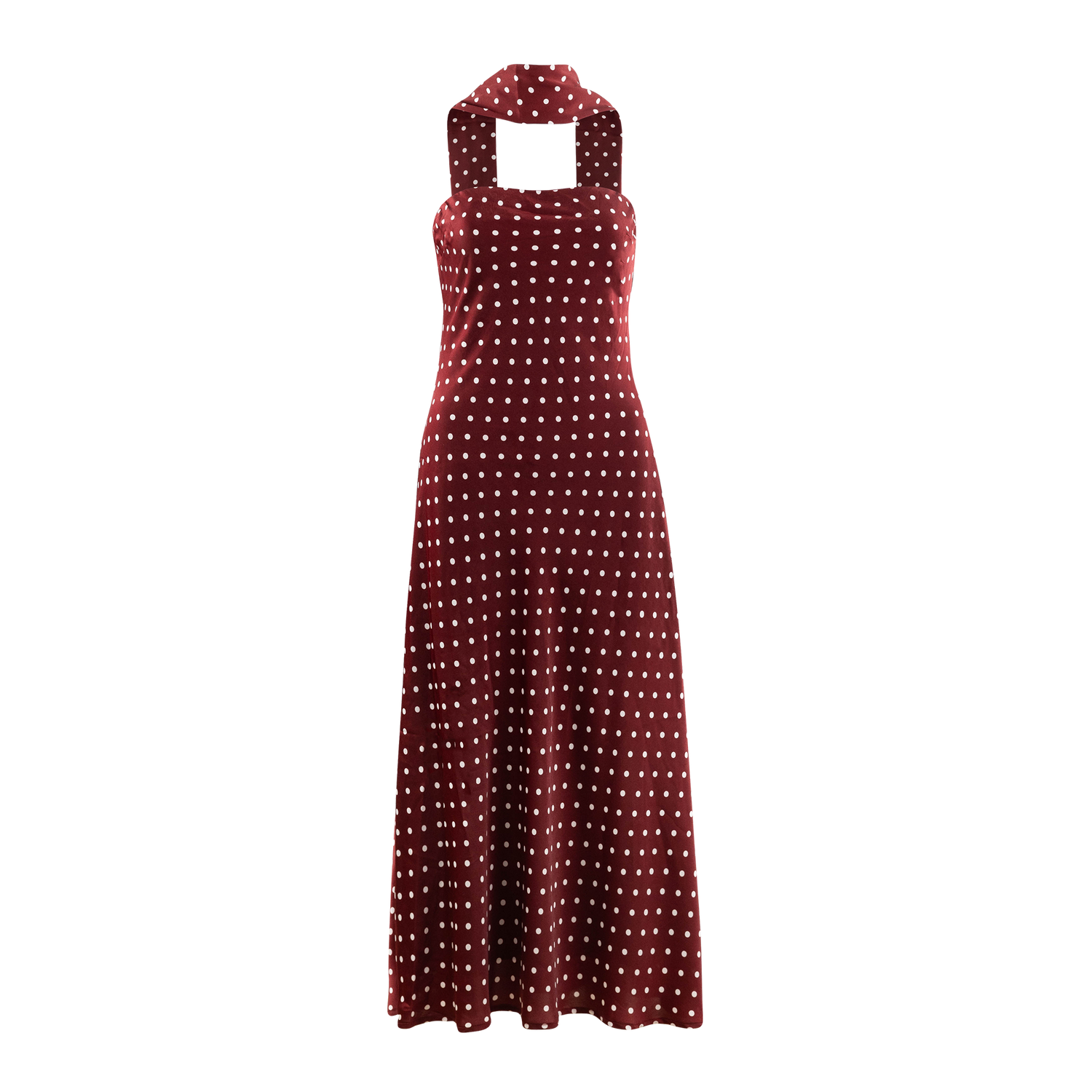 Maroon Texas A&M polka dot halter maxi dress featuring a scarf and flowing floor-length skirt.