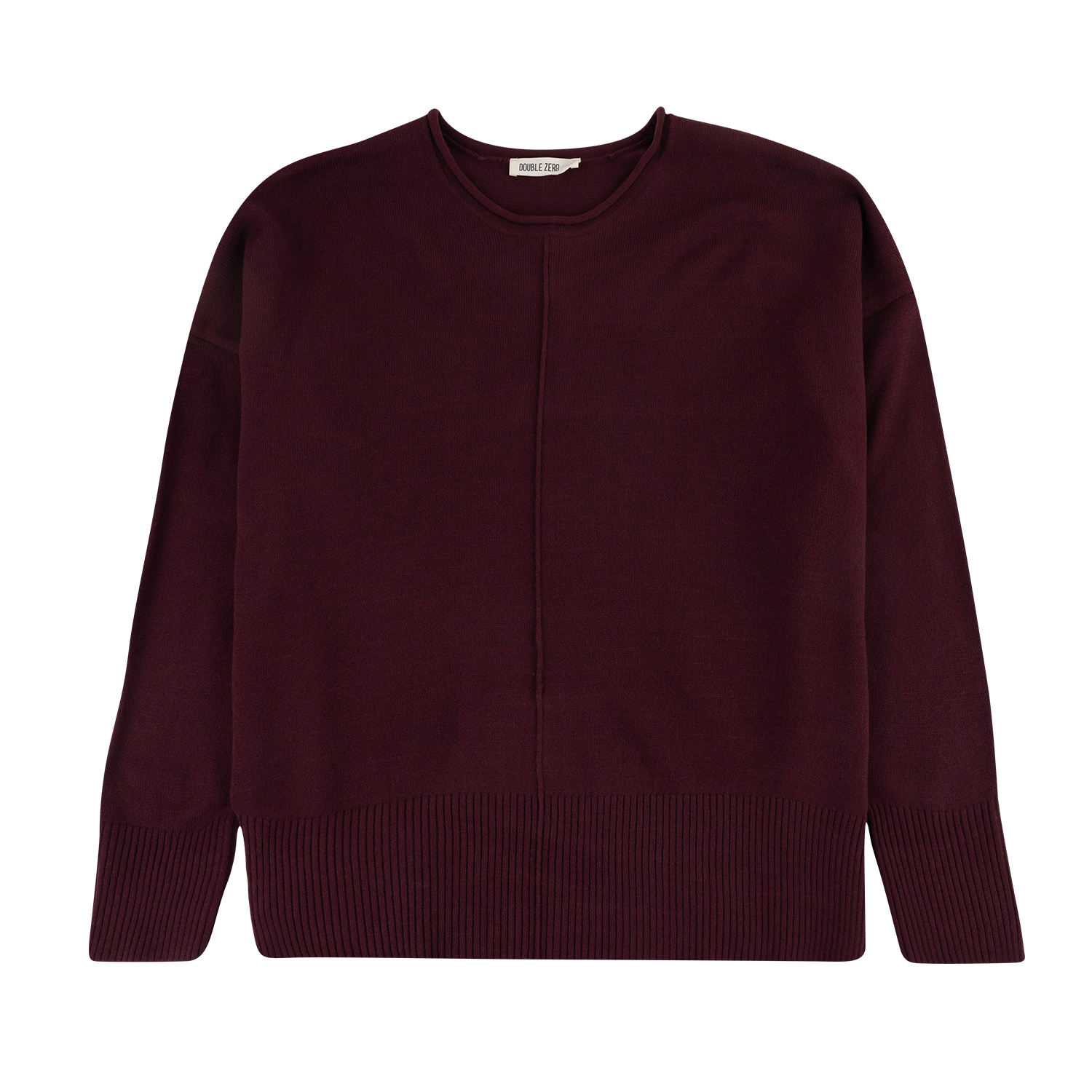 A dark burgundy crewneck sweater with a ribbed hem and cuffs, shown flat against a white background.