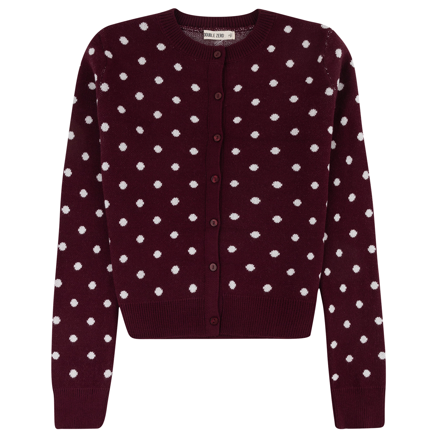 Maroon button-up cardigan with white polka dot pattern, long sleeves, and ribbed crew neckline