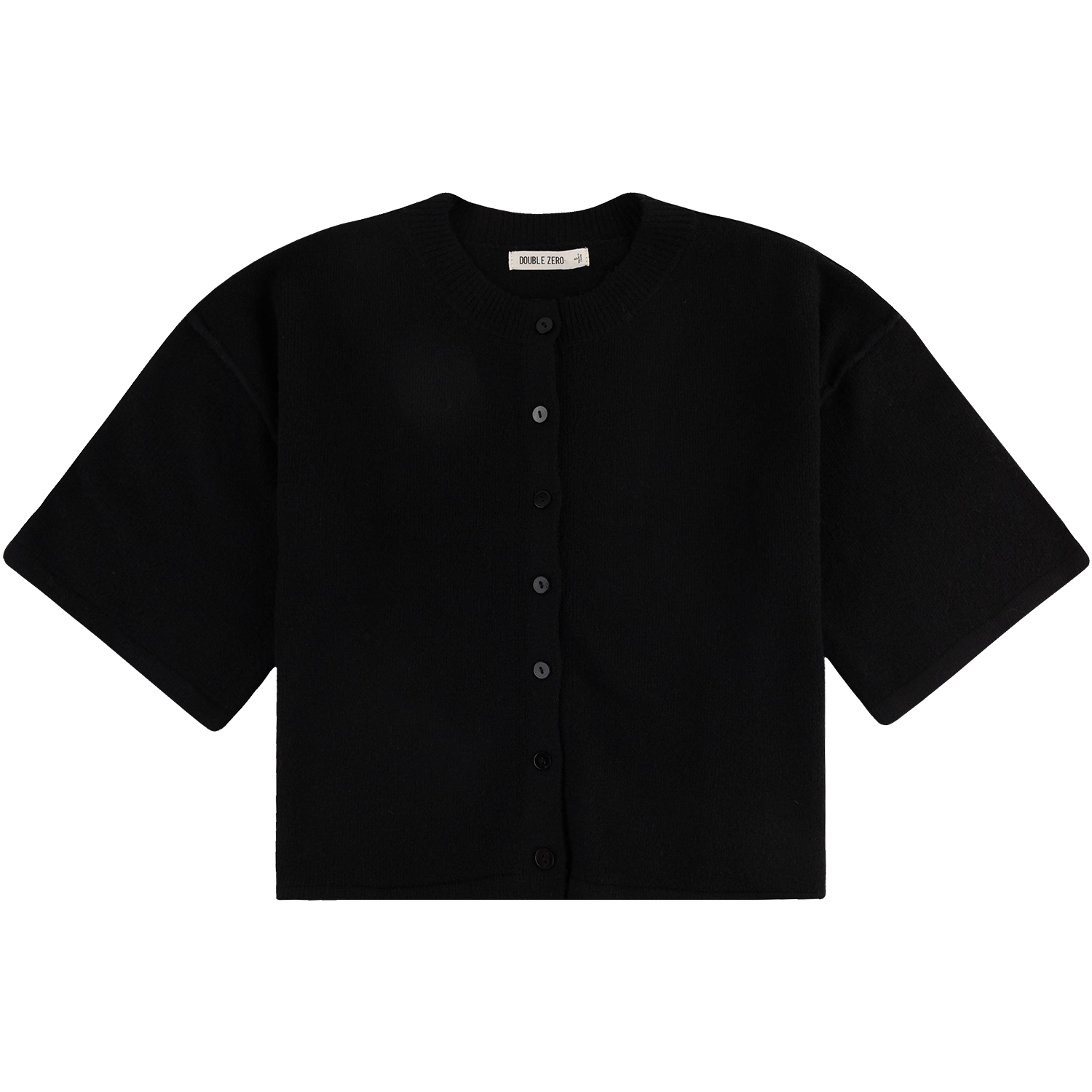 A black short-sleeve button-front knit top with a crew neck, laid flat against a solid white background.