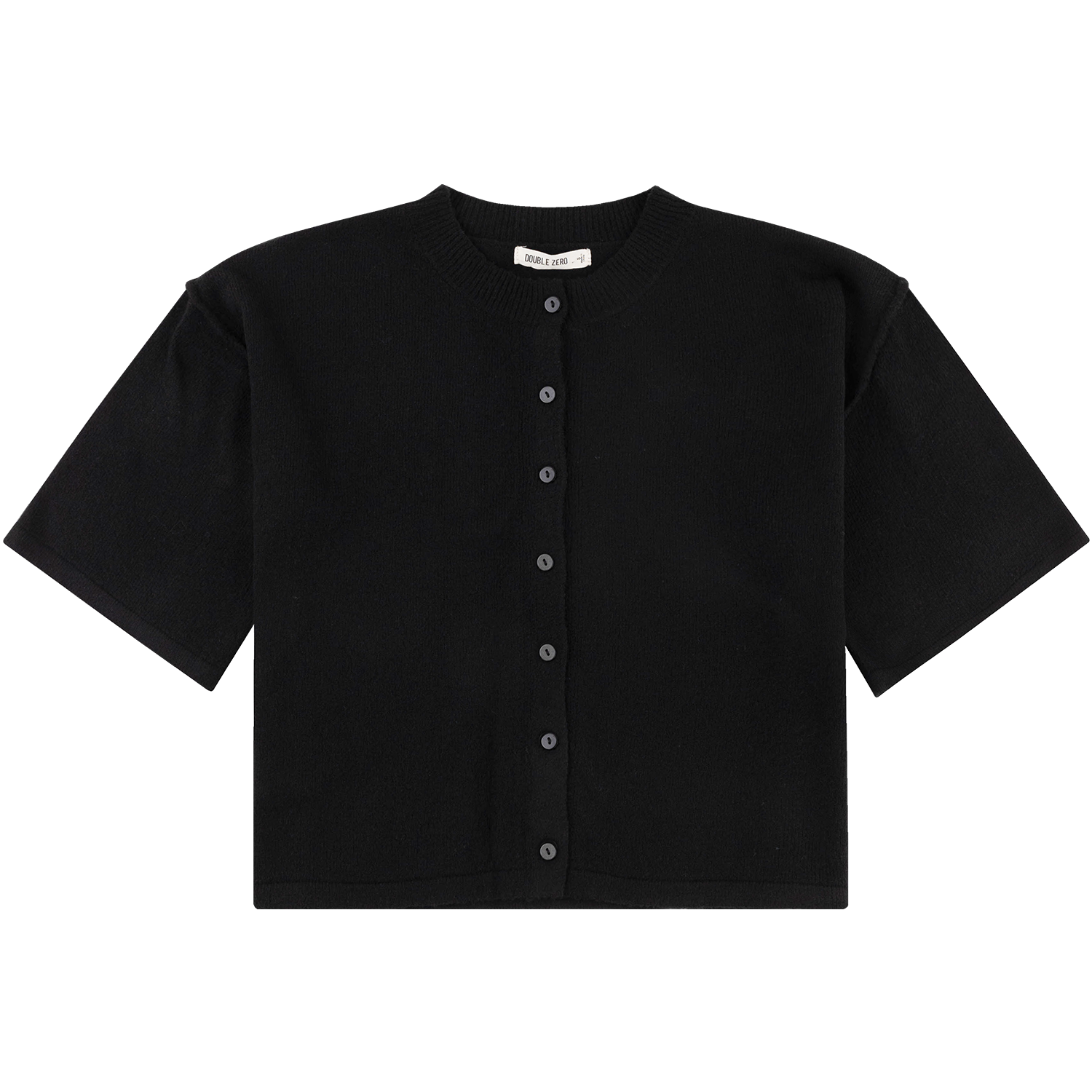 Black short-sleeve button-up knit cardigan sweater featuring a crew neckline, matching black front buttons, and a relaxed, boxy fit.   