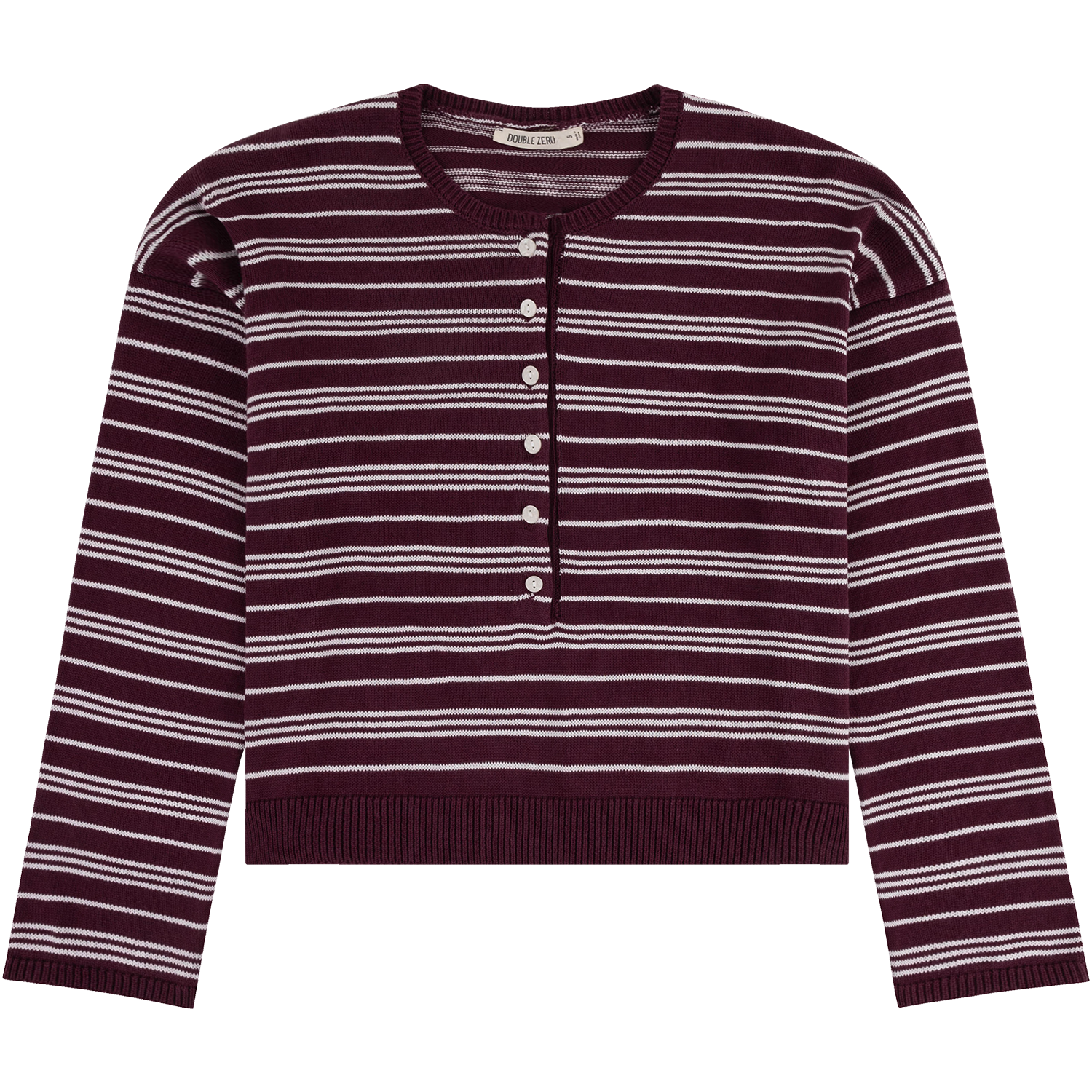 Knit sweater with maroon base decorated with white stripes and a half button up front.