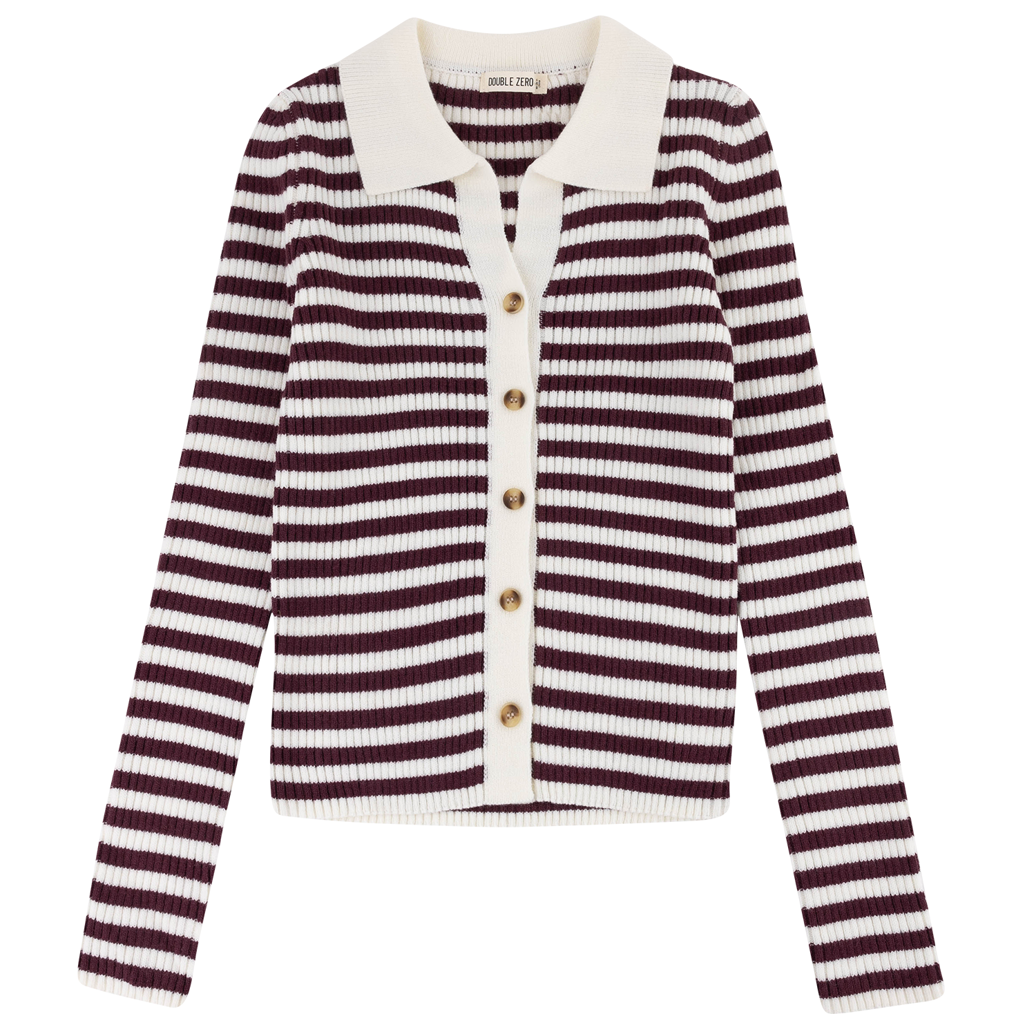 A women's long-sleeve knit cardigan with horizontal burgundy and cream stripes, featuring a solid cream collar and button placket with brown buttons.
