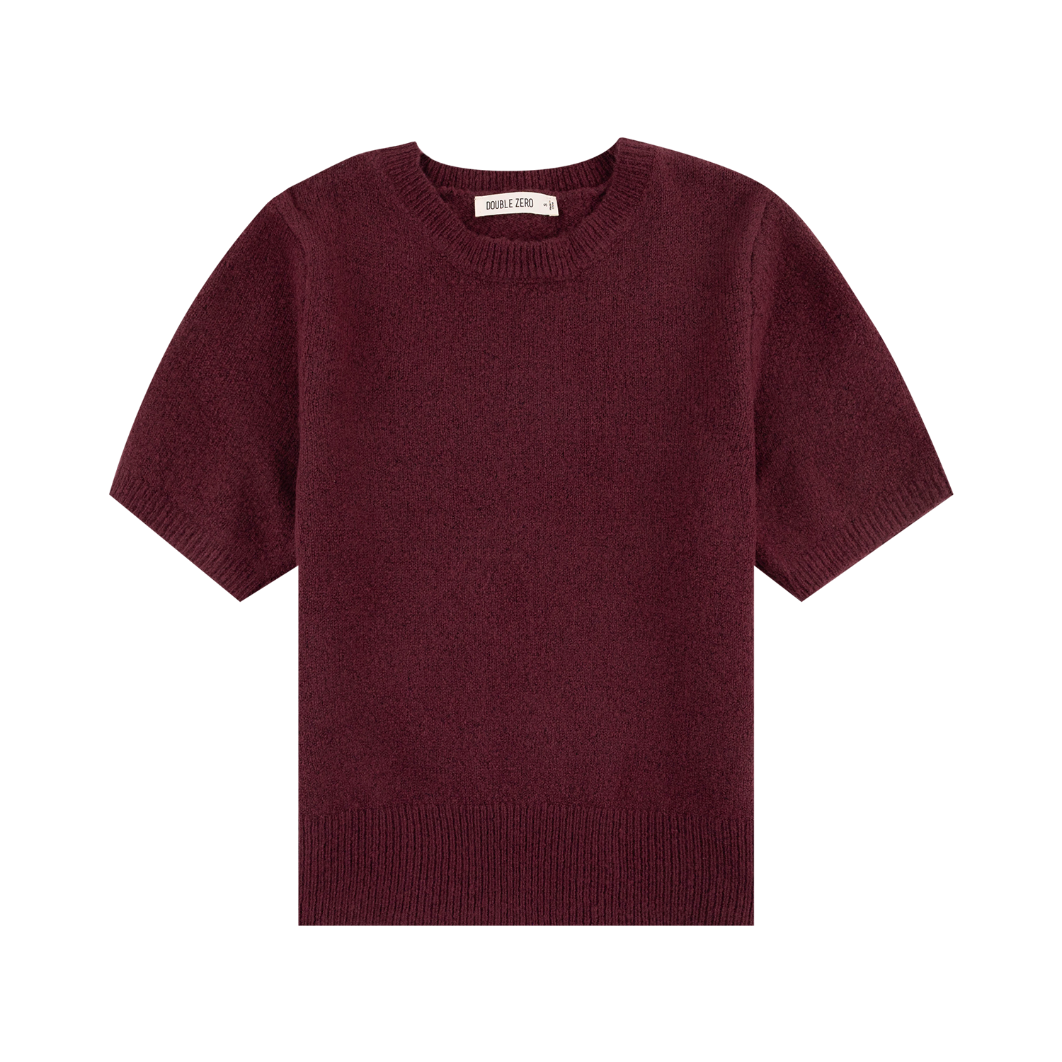 A short-sleeve crewneck knit sweater in deep burgundy, shown flat against a plain white background. A small white brand label is visible inside the collar, reading 'SWEATERS'.