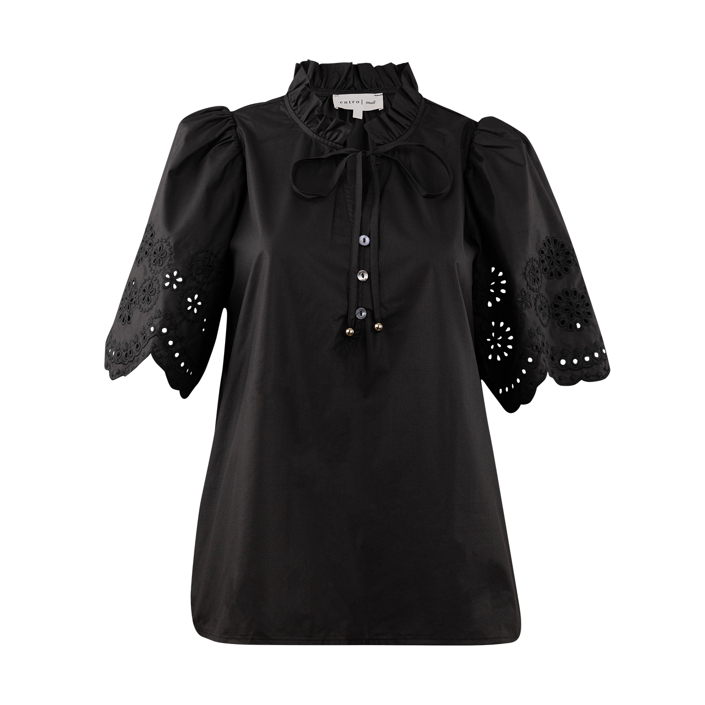 Black Short Sleeve with Ruffle Embroidery