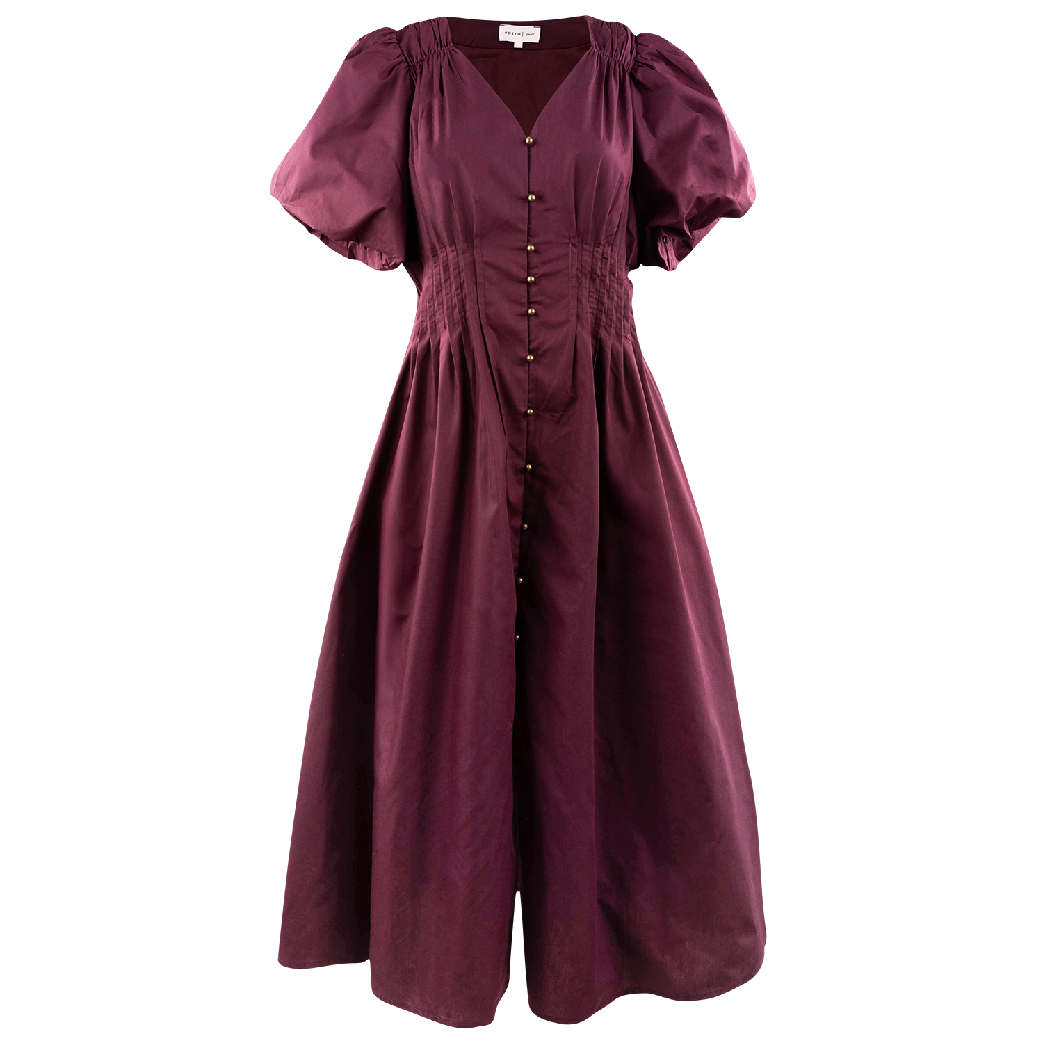 ENTRO maroon midi dress featuring voluminous puff sleeves, a square neckline, a fitted pleated waist, gold button-front detailing, and a flowing A-line skirt.