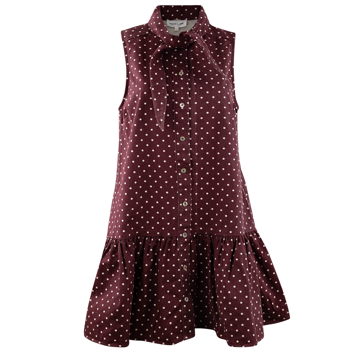 A sleeveless collared dress with a button front and ruffled hem, featuring a dark burgundy base with small white polka dots, shown on a plain white background.