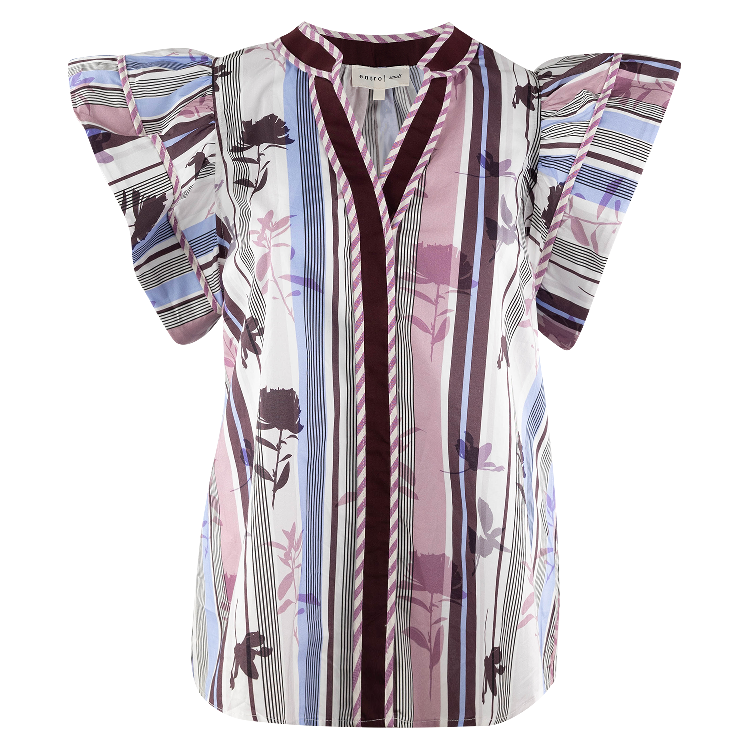 A women's short-sleeve blouse with a V-neckline, featuring flutter sleeves and a vertical striped pattern with pink, purple, blue, and dark burgundy tones on a white base.