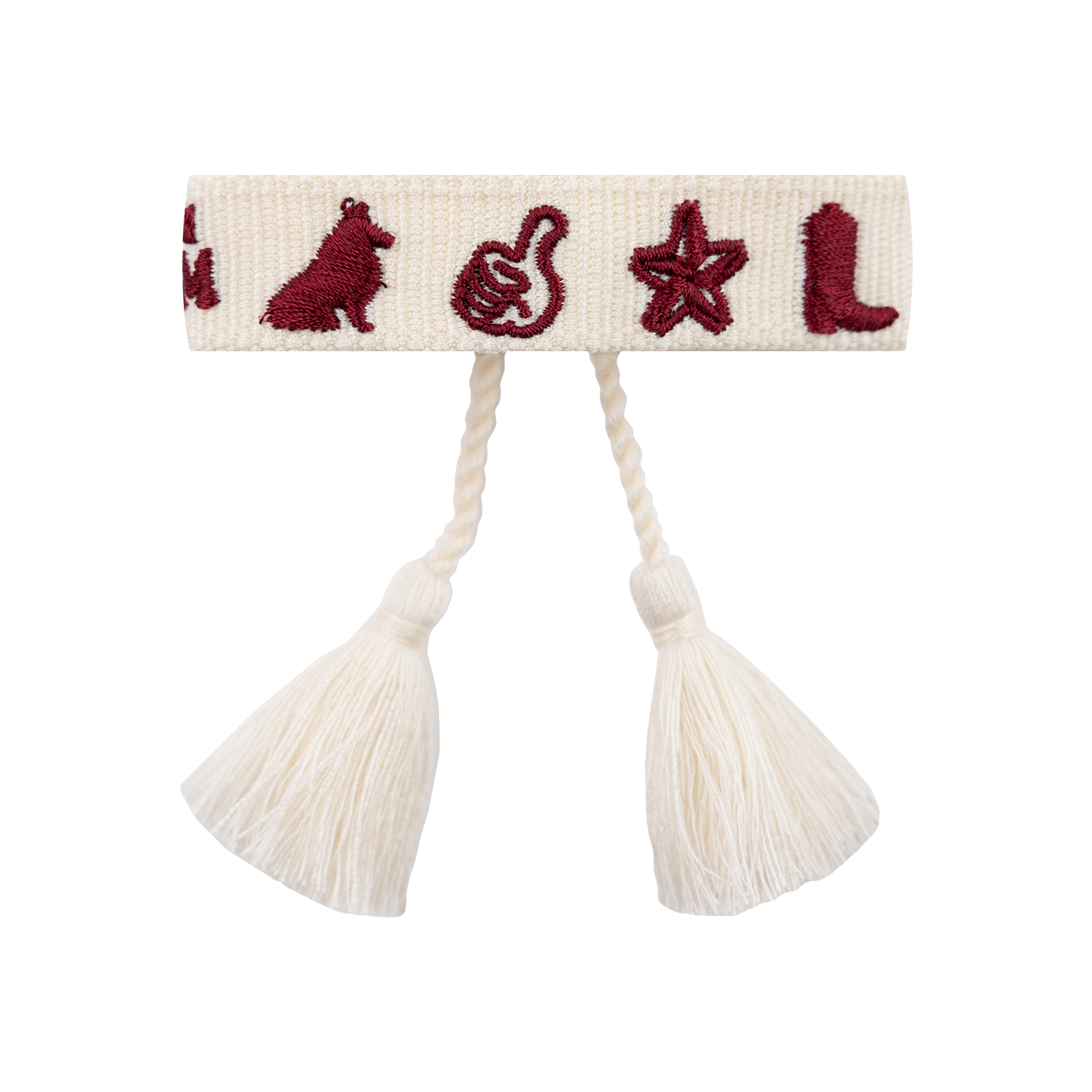 White embroidered bracelet with maroon Reveille, Gig 'Em, and cowboy boots embroidered