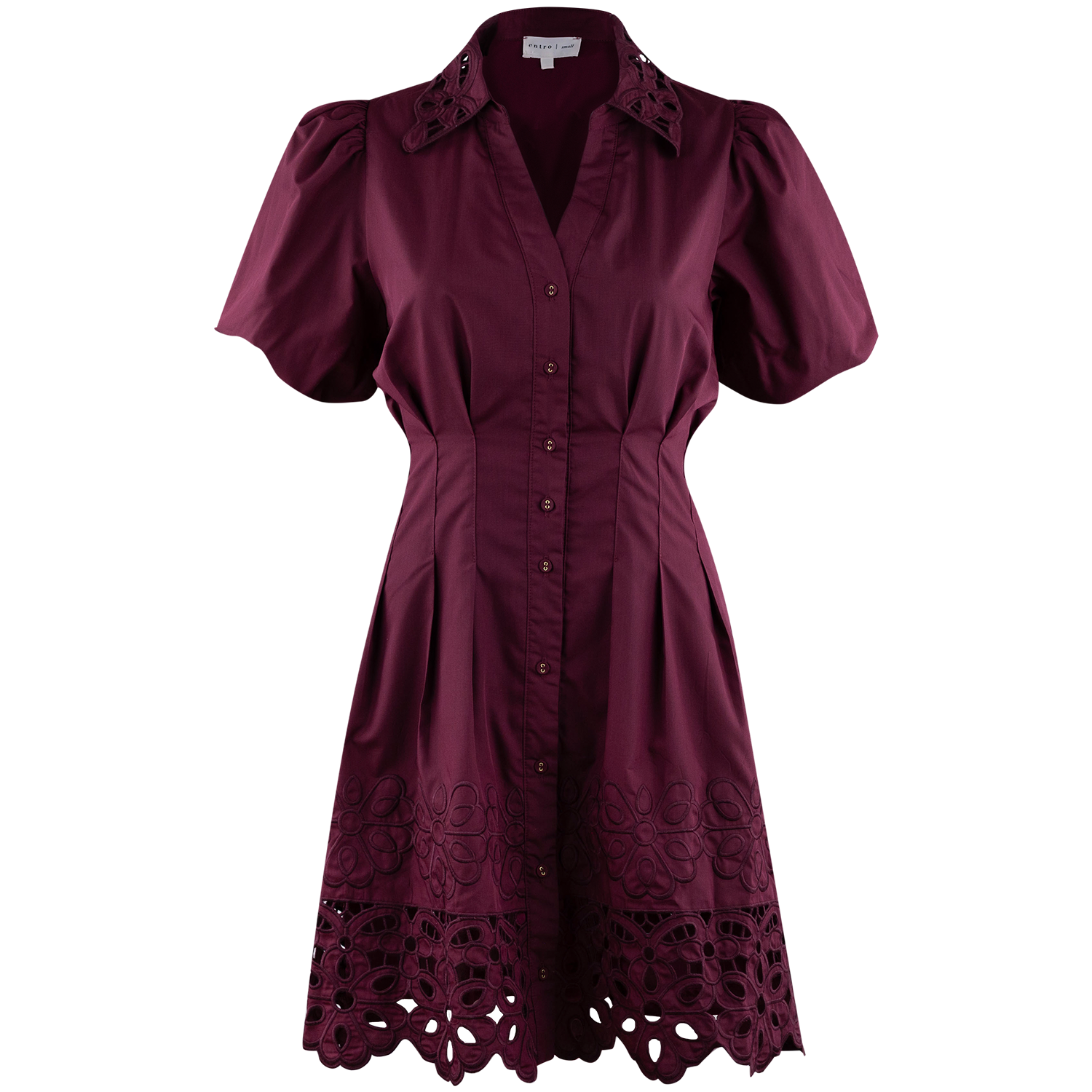 A short-sleeve button-front dress in deep burgundy with decorative eyelet embroidery at the collar and a matching embroidered lace hem, shown on a plain white background.