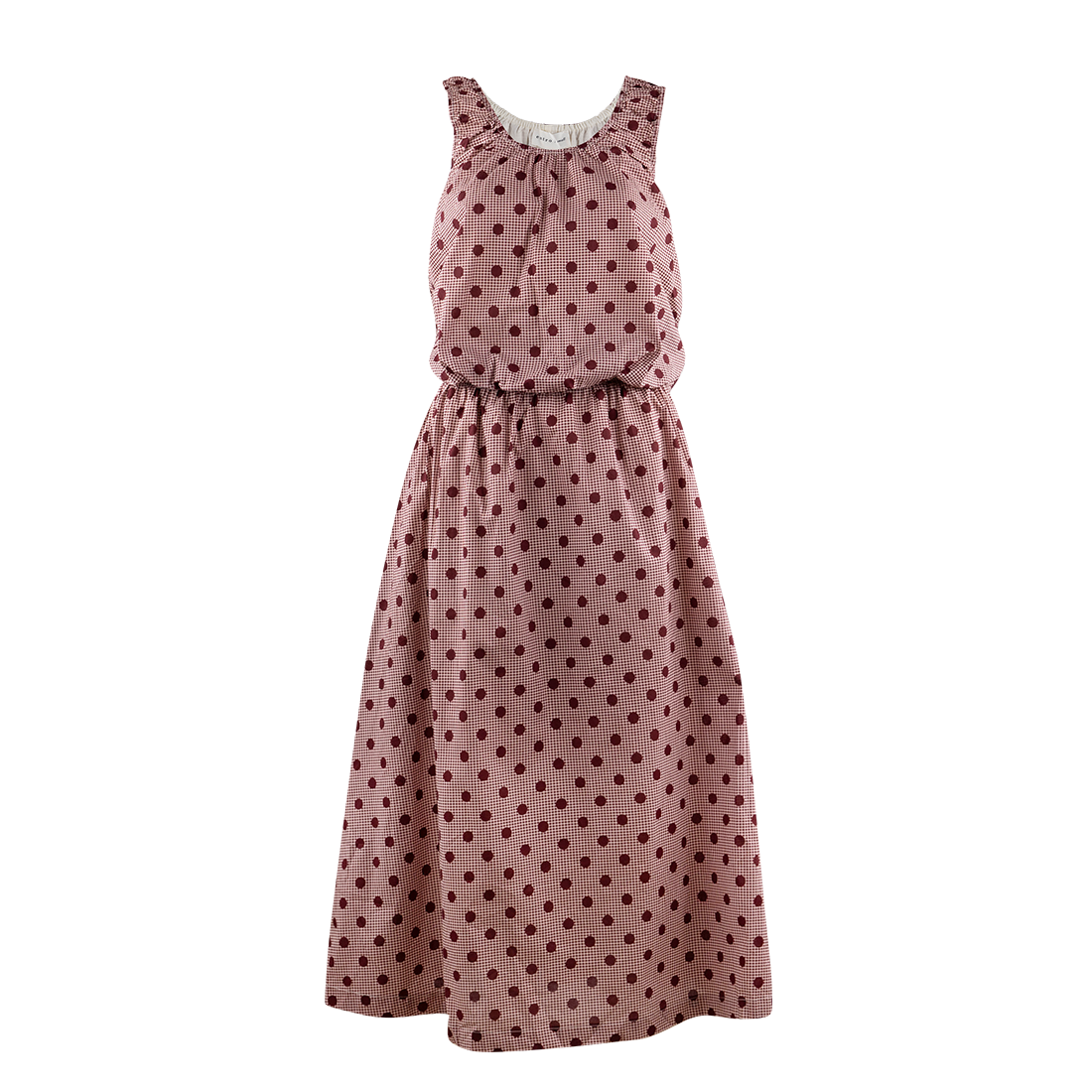 A sleeveless midi dress in light maroon gingham with a dark maroon polka dot pattern, shown against a plain white background.