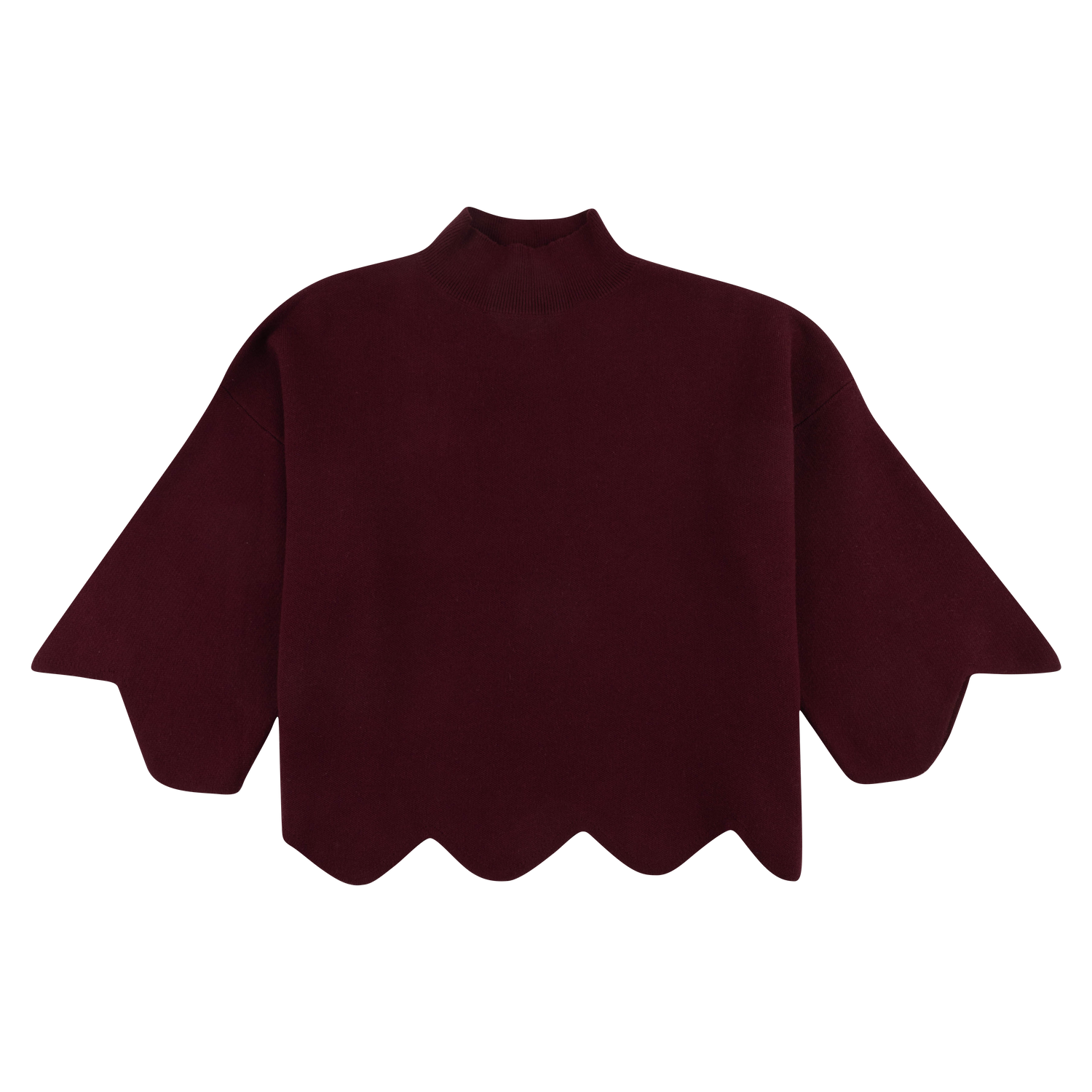 Maroon Texas A&M women's sweater with a mock neck, wide sleeves, and scalloped hem.