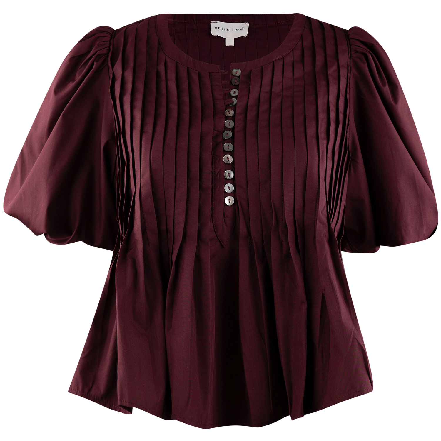 A women's short-sleeve blouse in deep burgundy with pleated vertical detailing down the front, a round neckline, and a central button placket. 