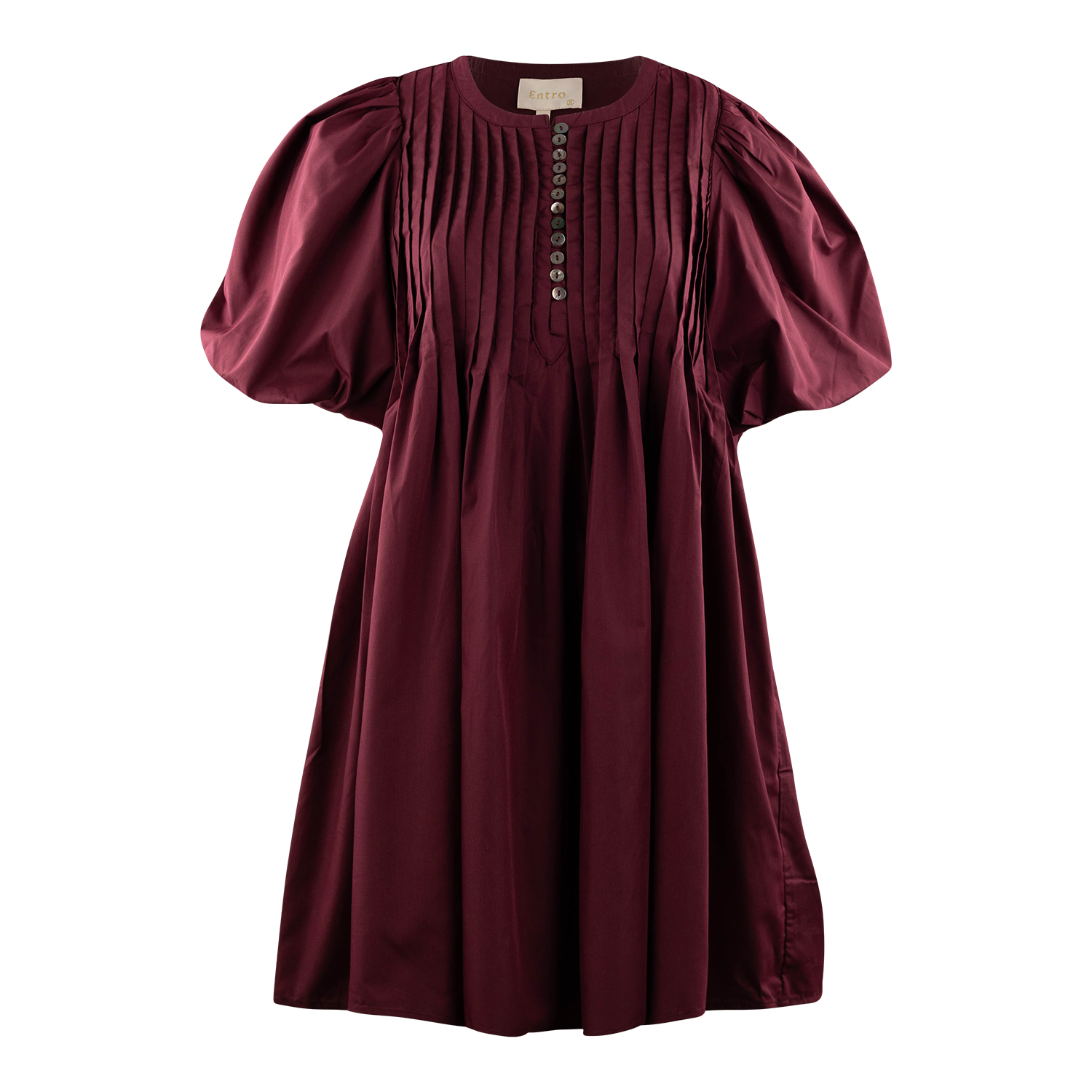 Burgundy babydoll dress with pintuck pleating down the bodice, button placket, round neckline, balloon puff sleeves, and flowing swing silhouette.