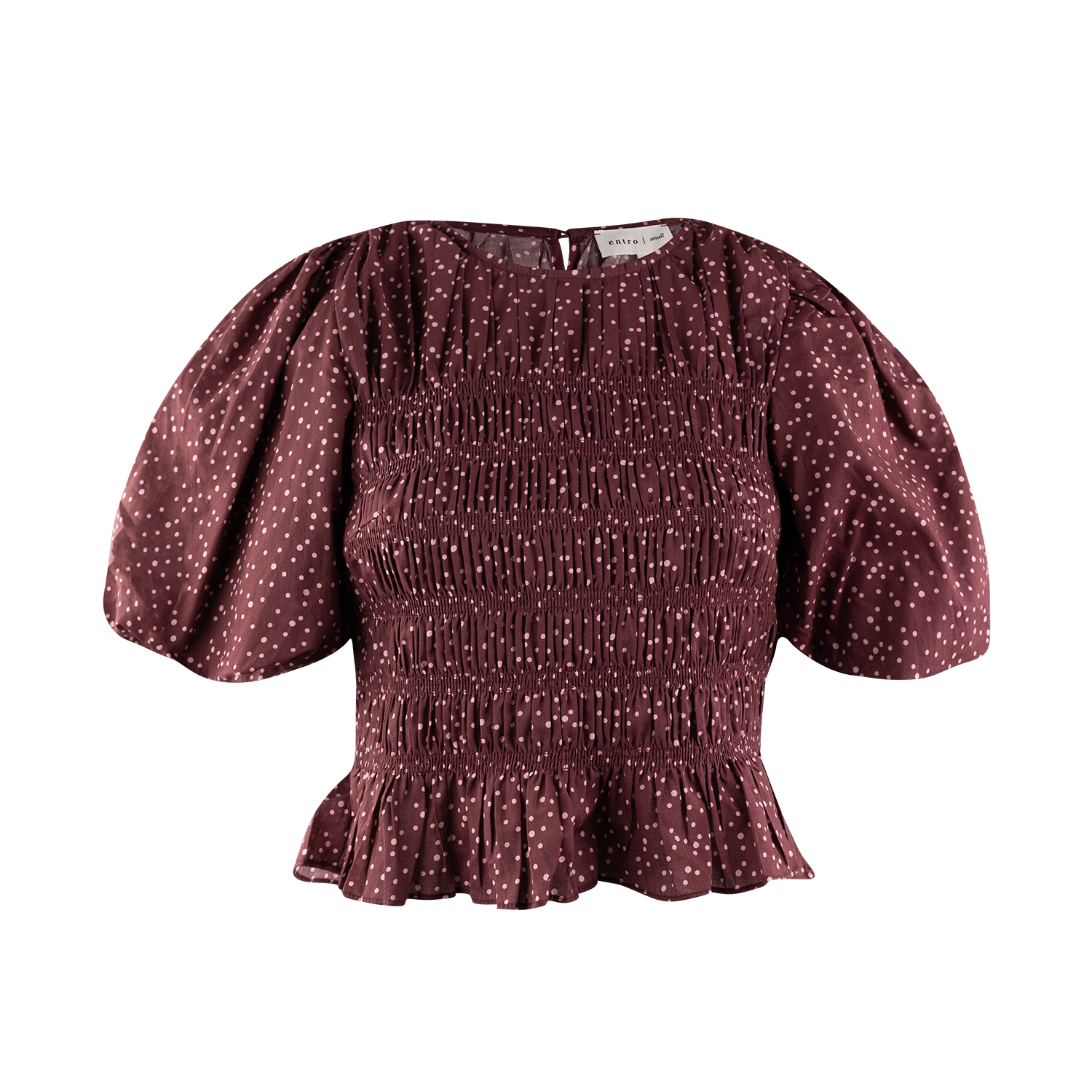 Burgundy speckled blouse with a round neckline, puff sleeves, smocked bodice, and a flounce peplum hem, displayed on an invisible mannequin against a white background.