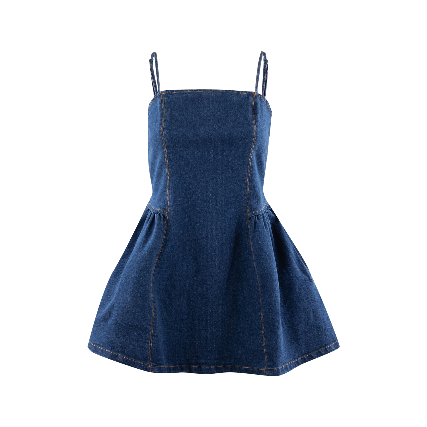 A blue denim-style mini dress with thin shoulder straps, a fitted bodice, and a flared skirt, shown against a plain white background.