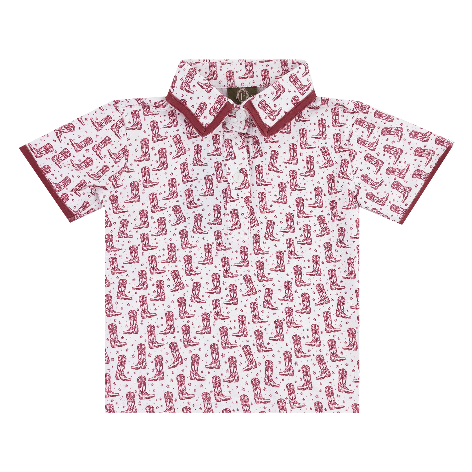 A white short-sleeve polo shirt featuring an all-over burgundy cowboy boot and small star print, with a pointed collar, burgundy contrast trim along the collar and sleeve edges, and a front button placket.
