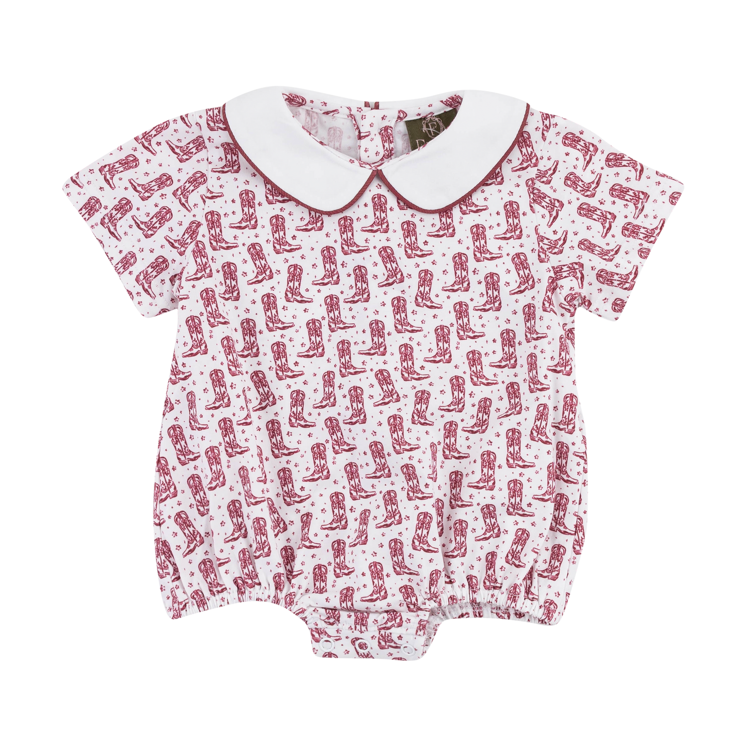 White baby romper with short sleeves, a rounded white collar, burgundy cowboy boot and star print, elasticized leg openings, and snap closures at the bottom.
